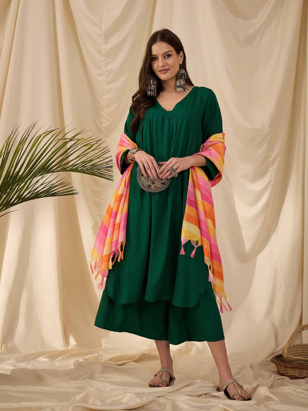 

InWeave Women Pleated Kurta with Palazzos & With Dupatta, Green