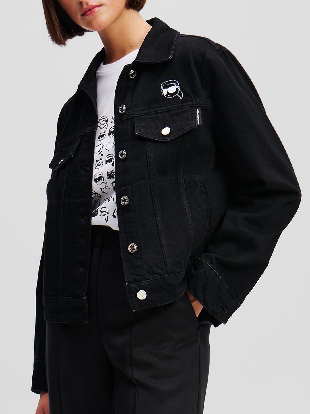 

Karl Lagerfeld Women Washed Denim Jacket with Embroidered, Black