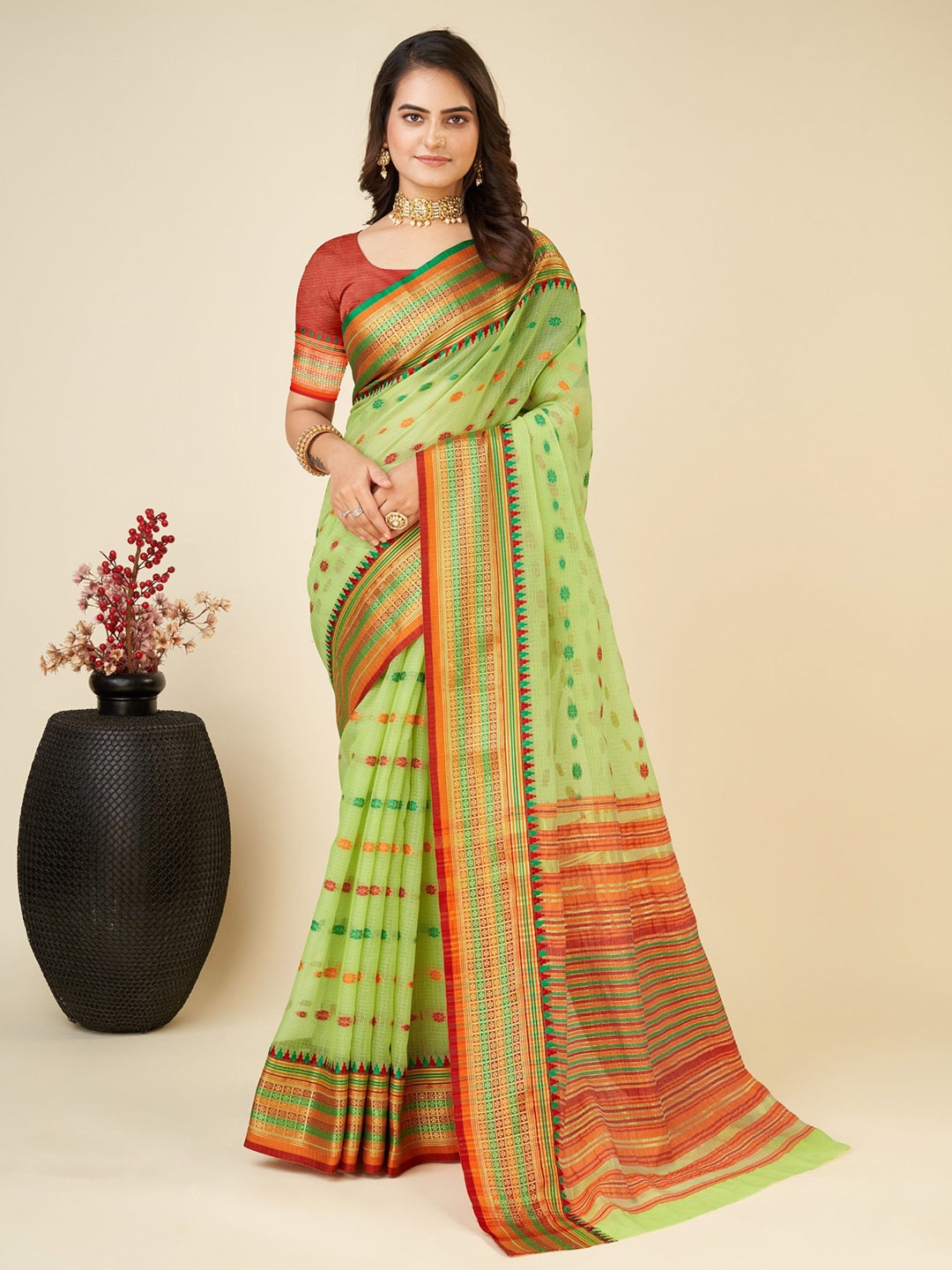 

Rangtulika Ethnics Woven Design Zari Silk Blend Saree, Green