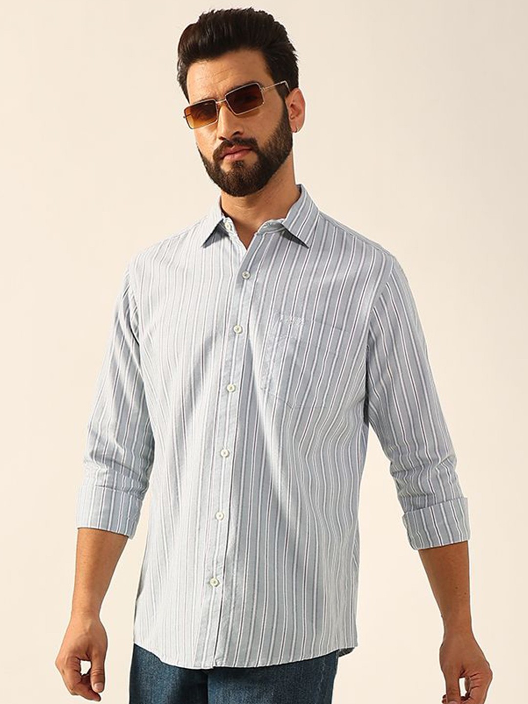 

ENSPYR Men Opaque Striped Casual Shirt, Turquoise blue