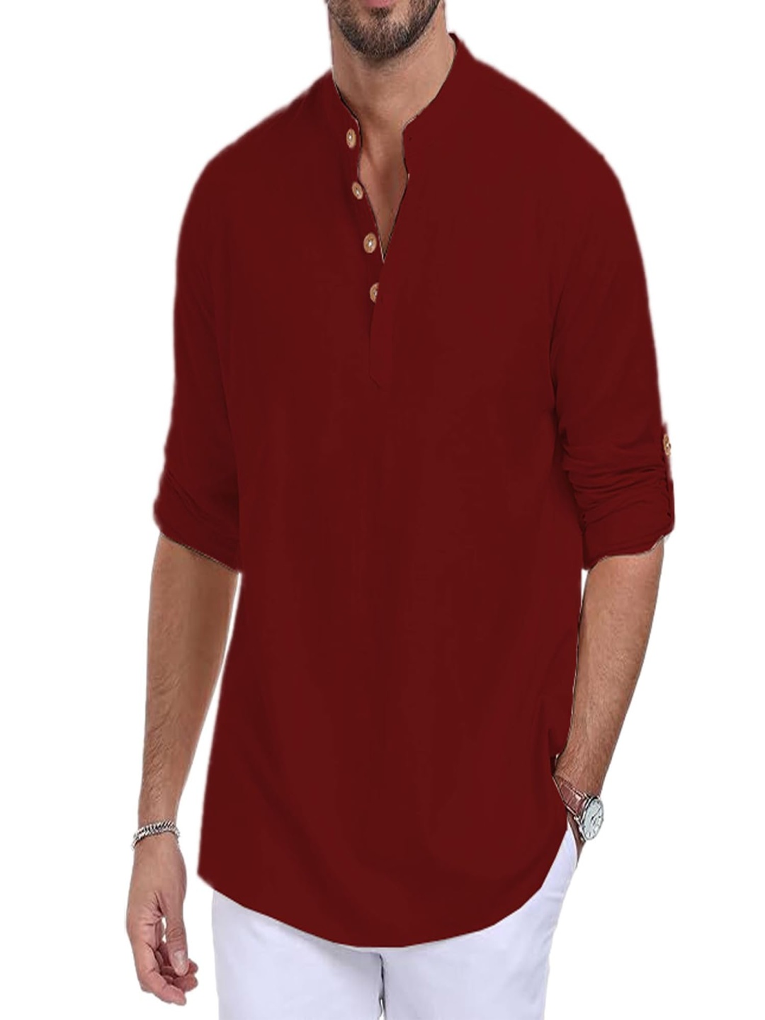 

EdinWolf Band Collar Pure Cotton Short Kurta, Maroon