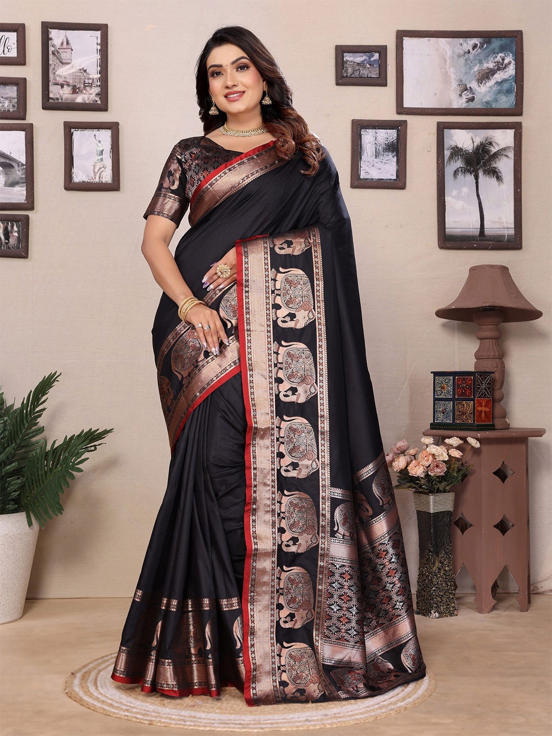 

Mitera Zari Silk Blend Saree, Black