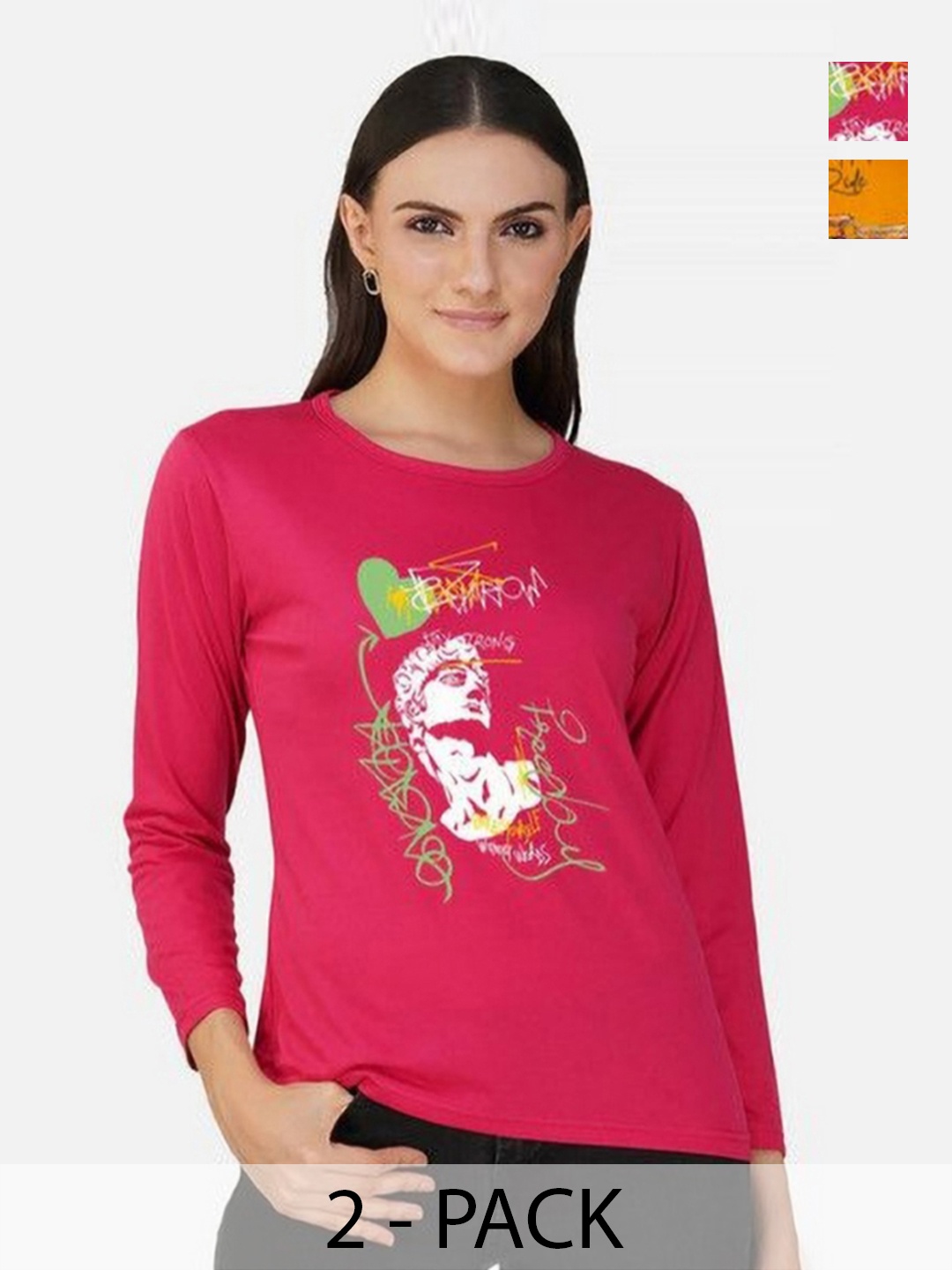 

Metronaut Women Pack of 2 Bio Finish Graphic Printed Round Neck Cotton T-shirts, Mustard