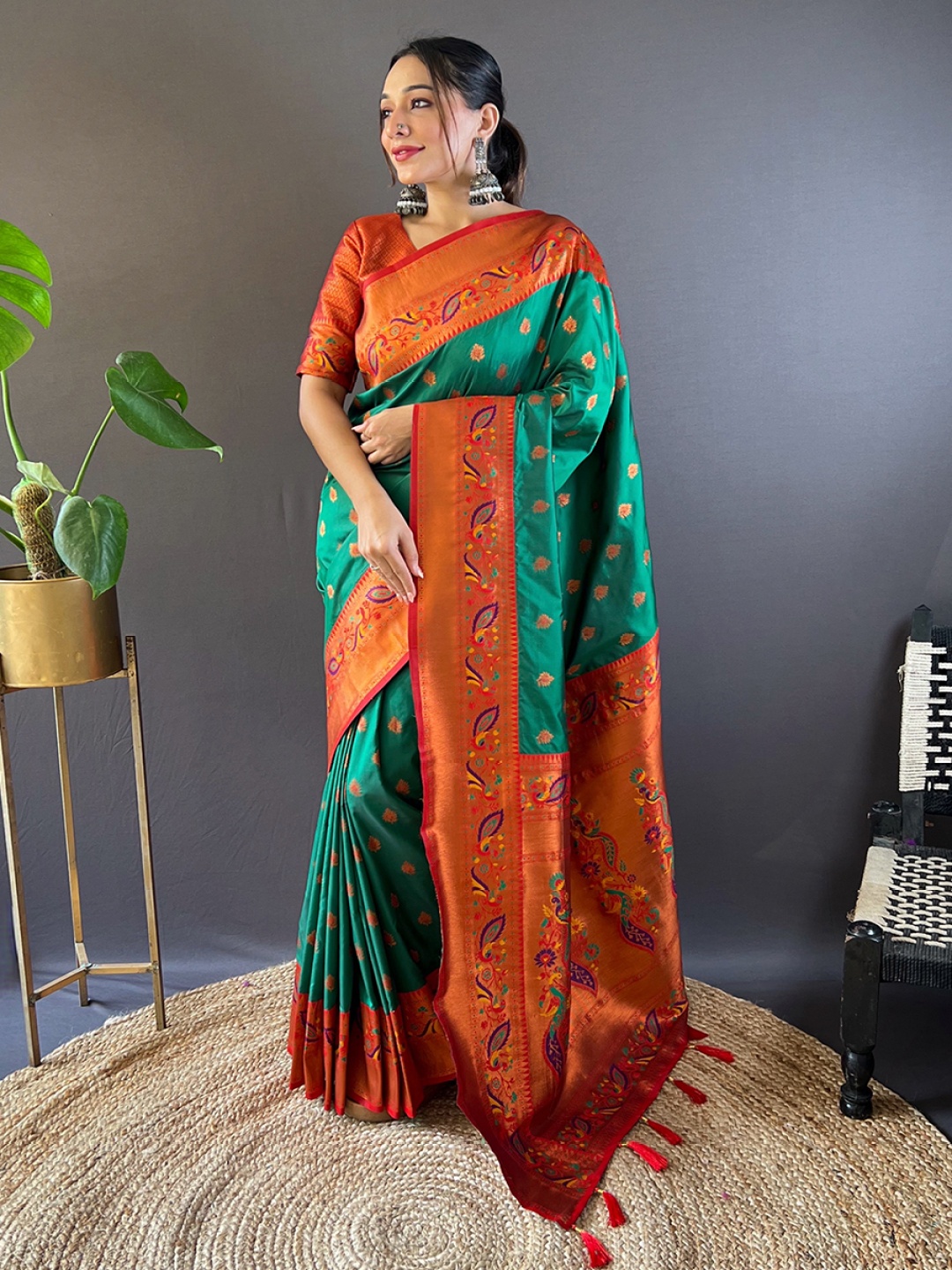 

all about you Woven Design Zari Silk Blend Paithani Saree, Green