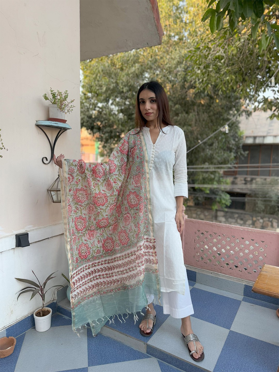 

GOODHAND Floral Block Printed Cotton Dupatta, Green