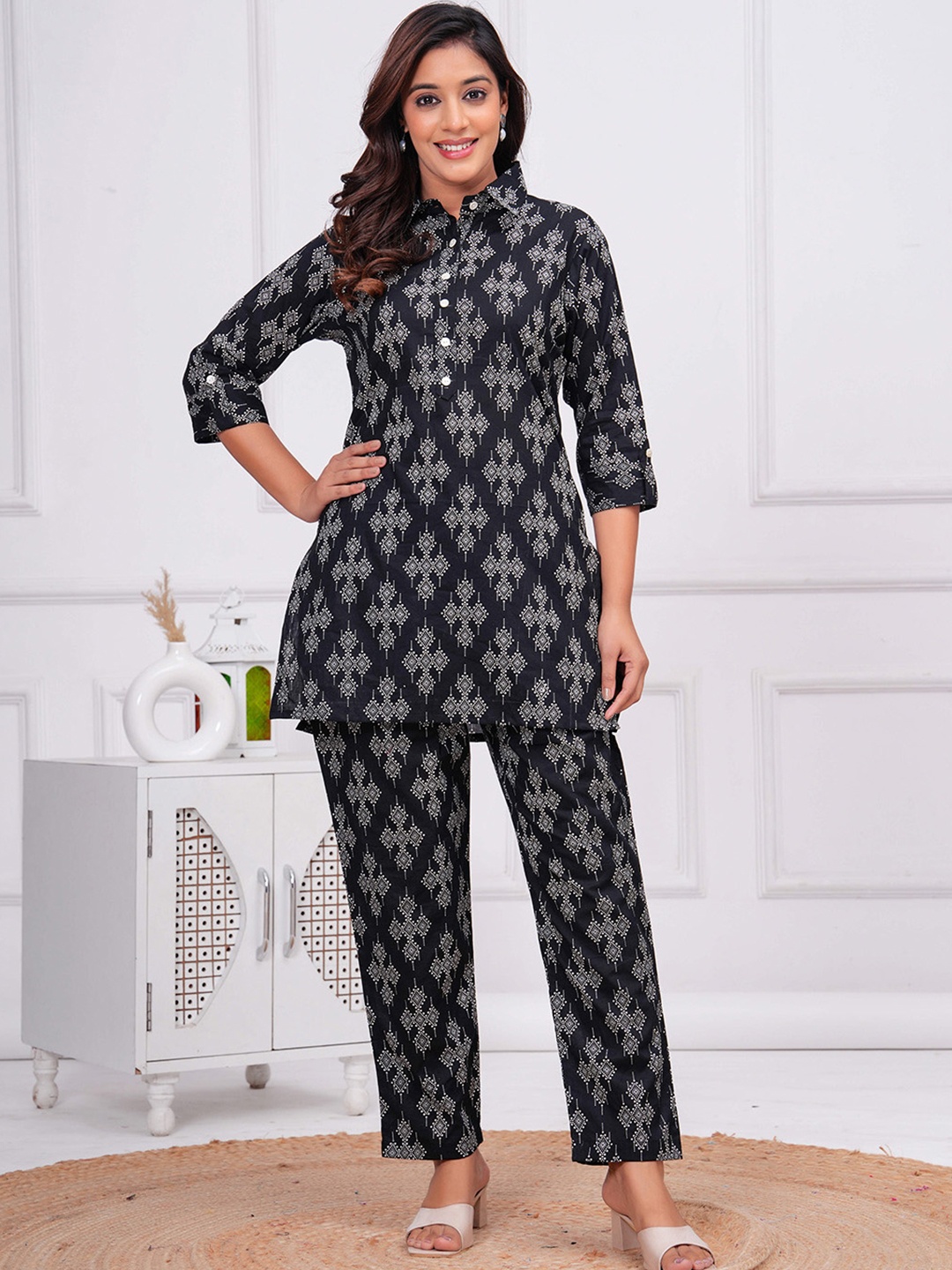 

FEMARY Printed Shirt Collar Pure Cotton Tunic & Trousers, Black