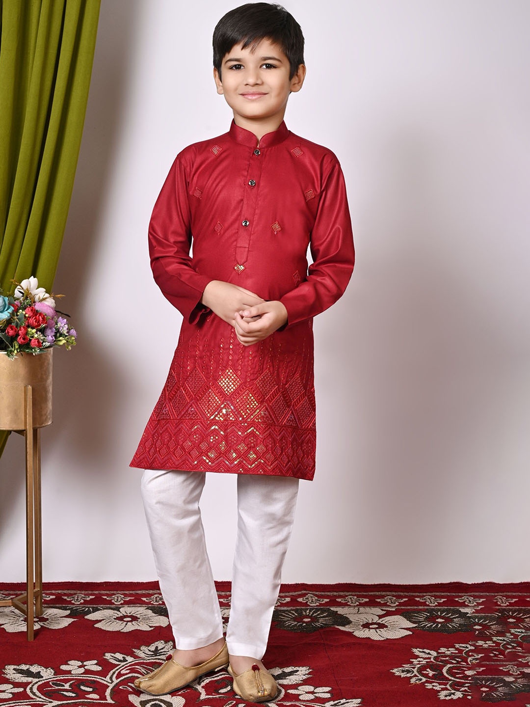 

NFC CREATION Boys Embroidered Regular Sequinned Kurta with Pyjamas, Maroon
