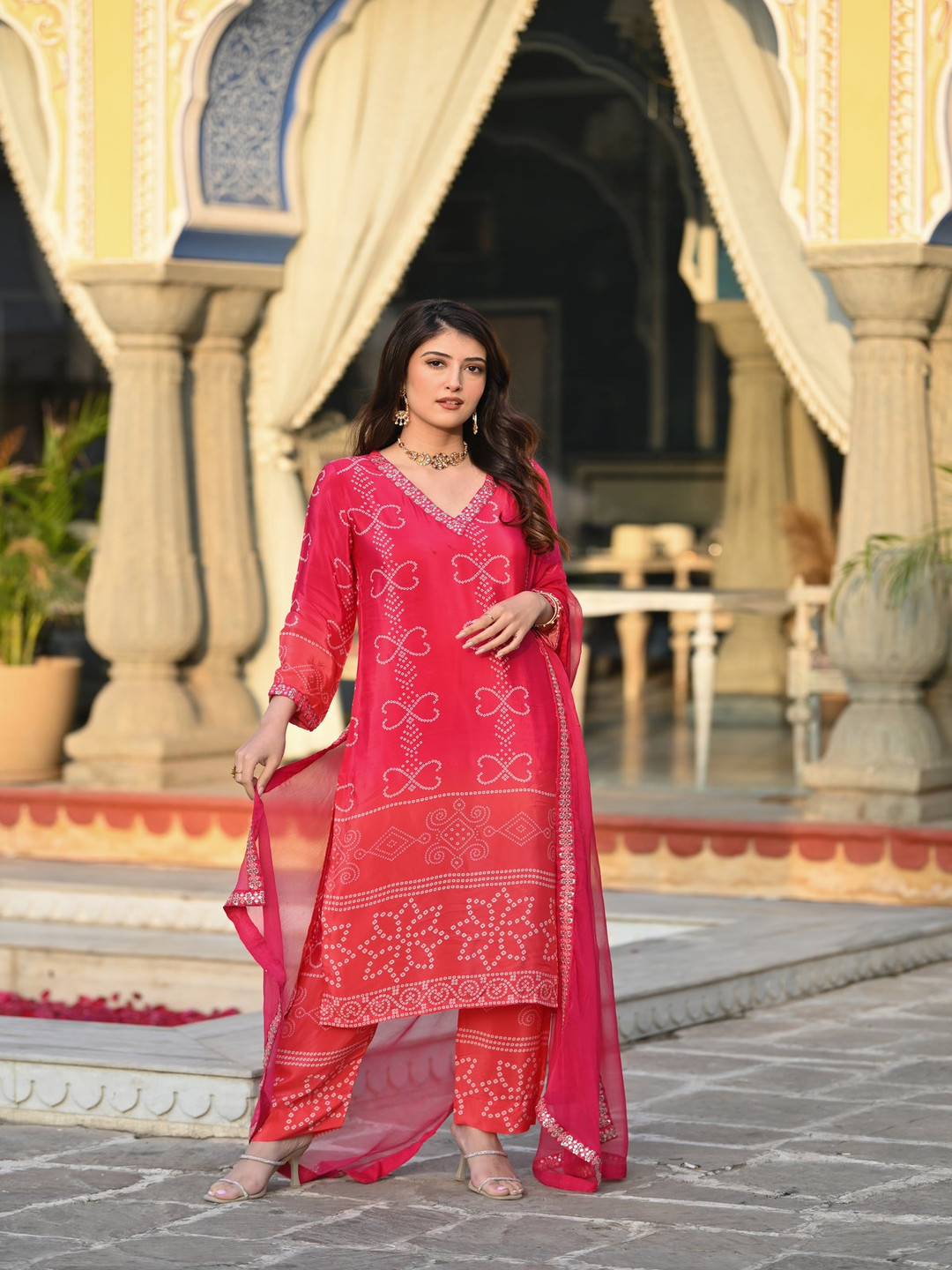 

Siya Fashion Women Bandhani Printed Regular Mirror Work Kurta with Trousers & With Dupatta, Red