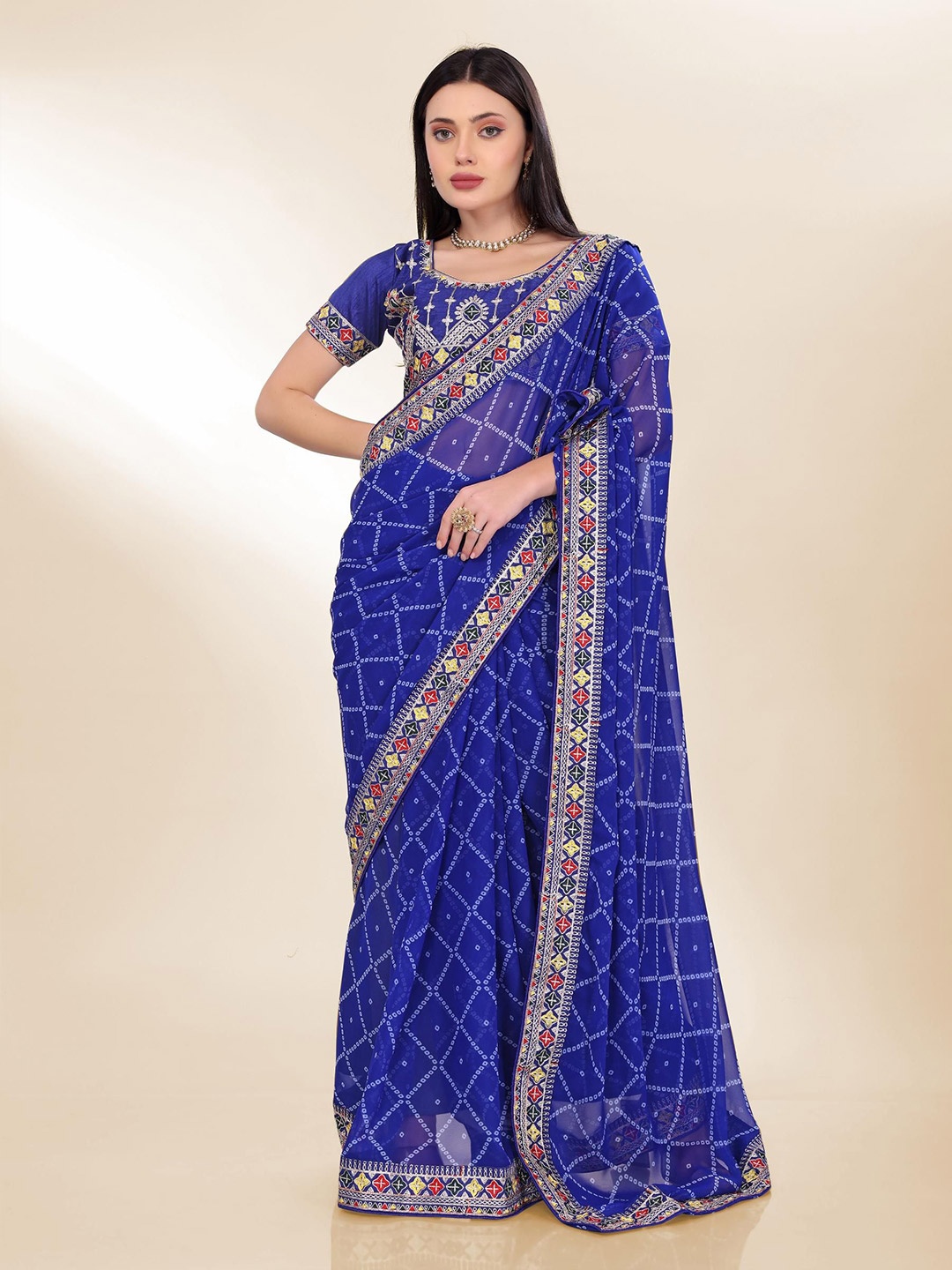 

VAIRAGEE Bandhani Embroidered Poly Georgette Bandhani Saree, Blue