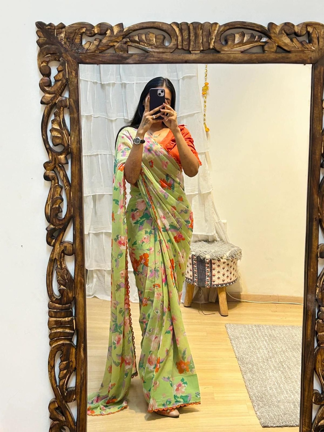 

Moda Rapido Floral Pure Georgette Ready to Wear Saree, Green