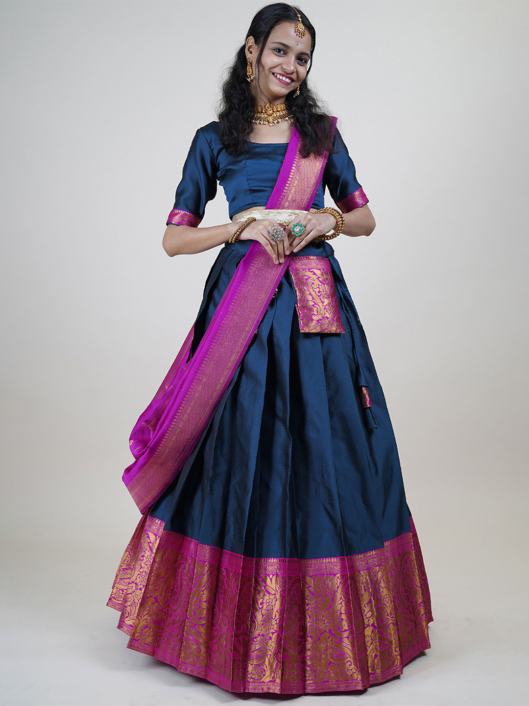 

Payu Semi-Stitched Lehenga & Unstitched Blouse With Dupatta, Teal