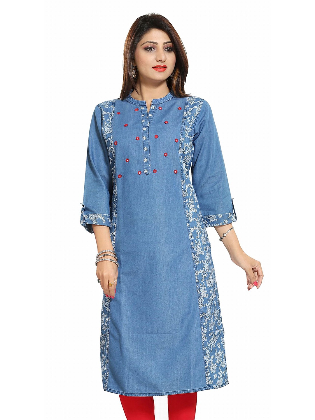 

Meher Impex Floral Printed Mandarin Collar Ethnic Straight Kurta, Blue