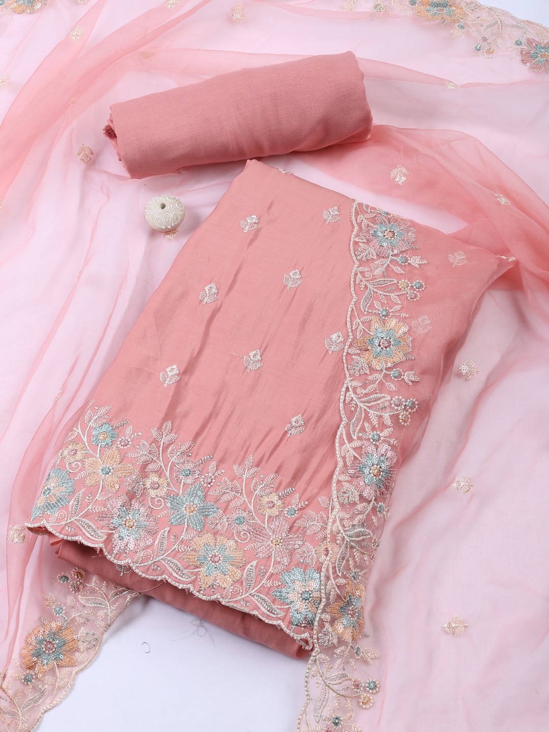 

Meena Bazaar Embroidered Art Silk Unstitched Dress Material, Peach