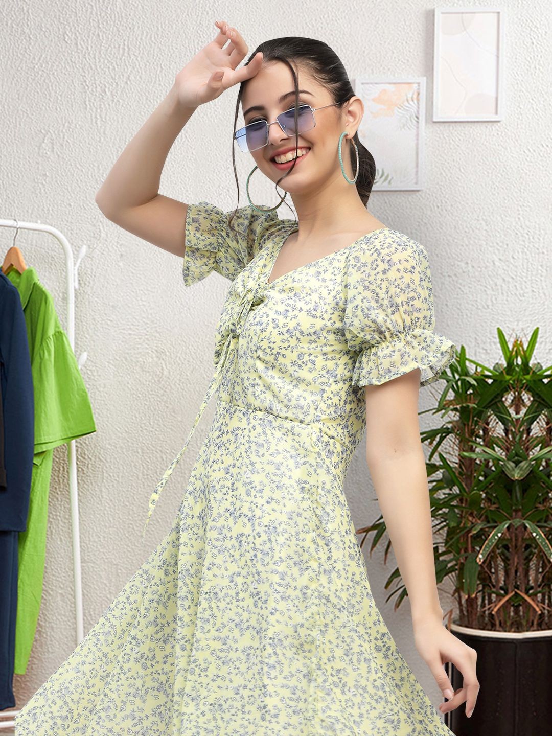 

Moda Rapido Floral Print Applique Fit & Flare Dress, Yellow