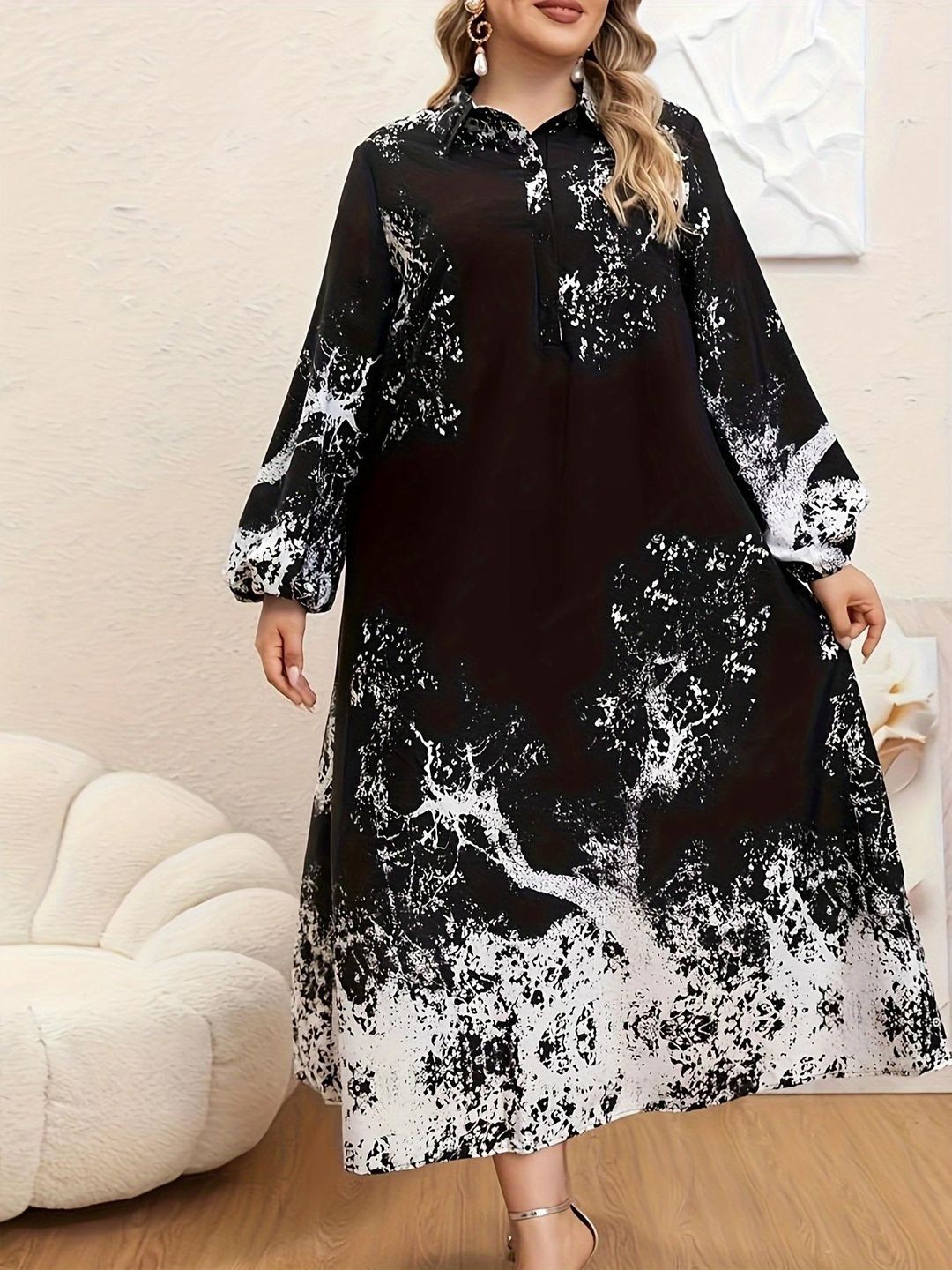 

all about you Plus Size Floral Print Shirt Midi Dress, Black