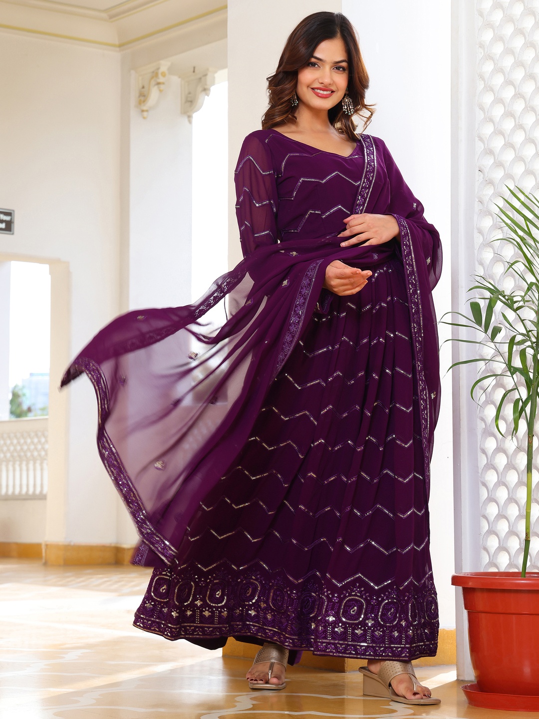 

KALINI Women Ethnic Motifs Embroidered Regular Sequinned Kurta with Pyjamas & With Dupatta, Purple