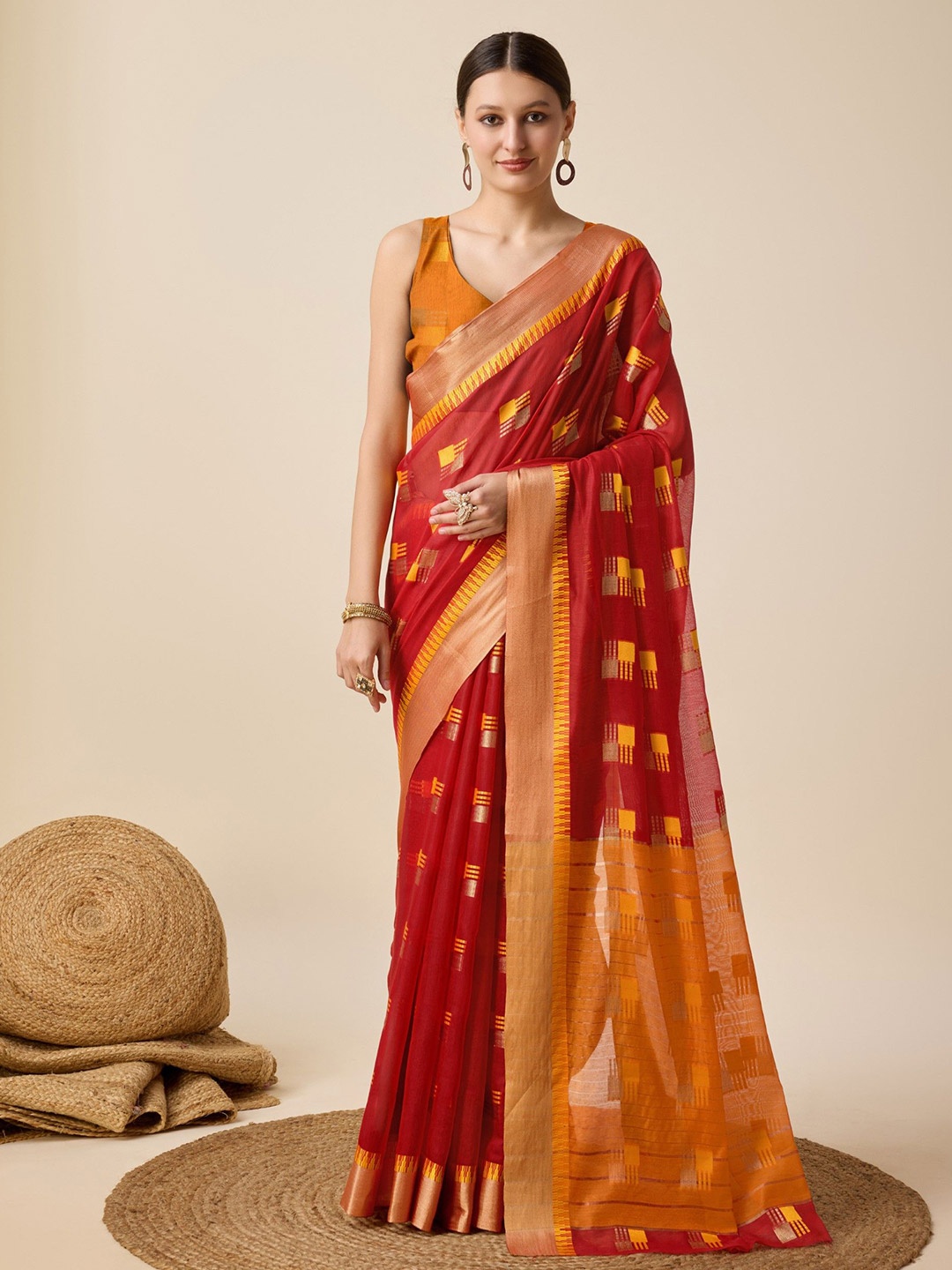 

Rangtulika Ethnics Woven Design Zari Silk Cotton Saree, Red