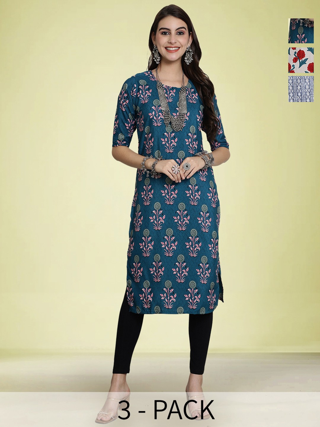 

Moda Rapido Selection Of 3 Floral Printed Round Neck Straight Kurtas, Blue
