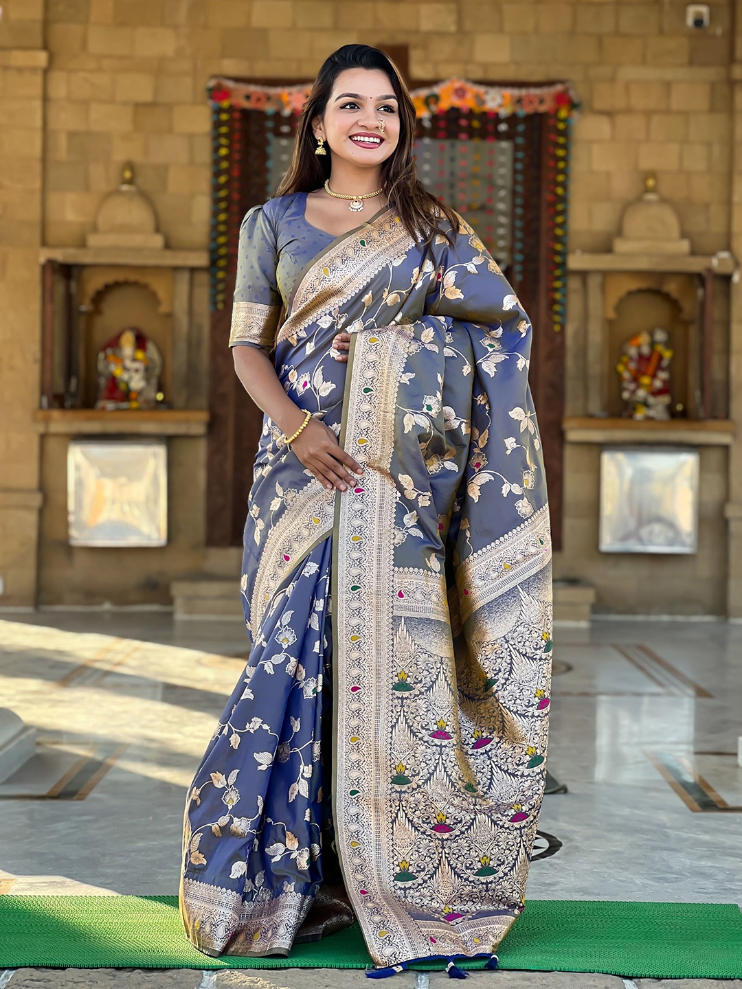

ZIBLON Woven Design Zari Pure Silk Banarasi Saree, Grey