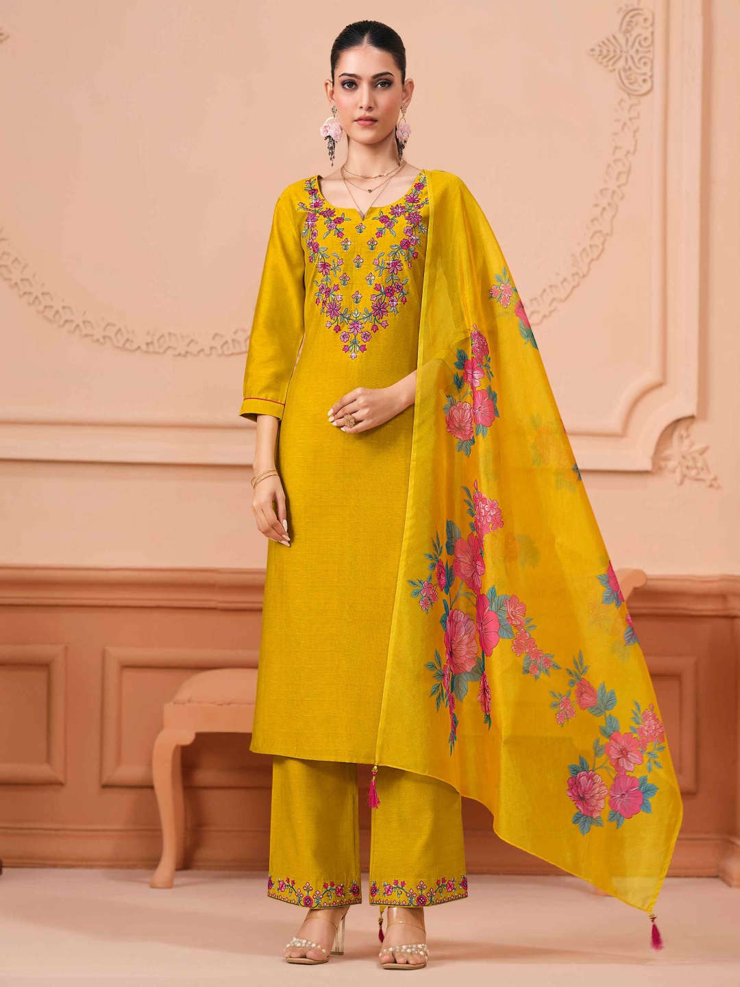 

MOJILAA Women Floral Embroidered Straight Kurta with Palazzo & Printed Dupatta, Mustard