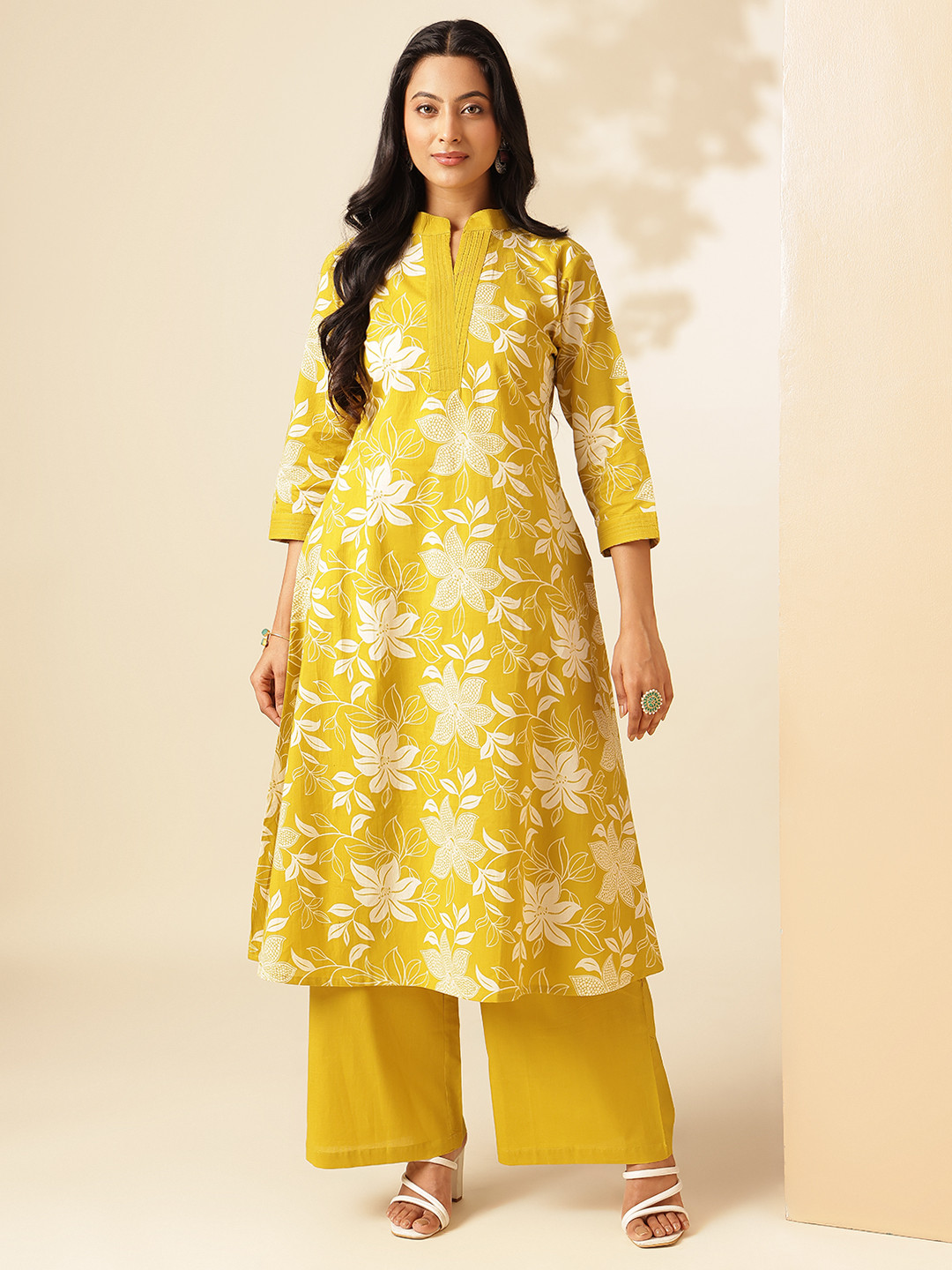 

Vbuyz Women Floral Printed A-Line Cotton Stitched Kurta With Palazzo Sets, Yellow