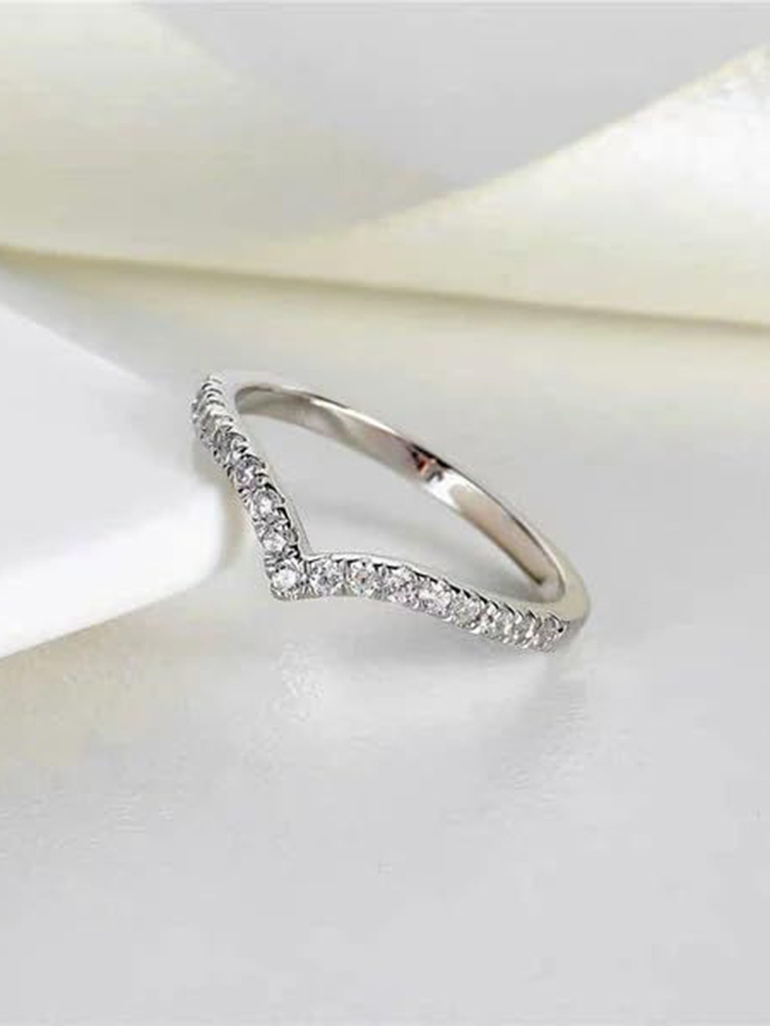 

SUBHAGALANKAR Silver- Plated Stone Studded V-Shape Adjustable Finger Ring
