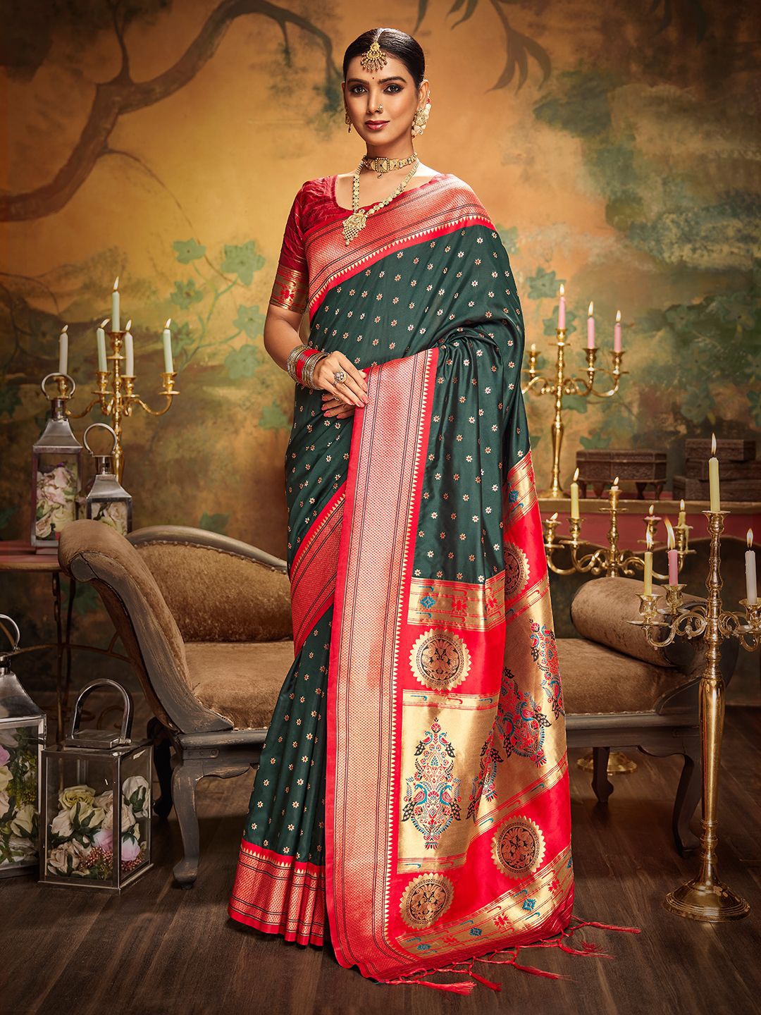 

LeeliPeeri Designer Woven Design Zari Silk Blend Paithani Saree, Green