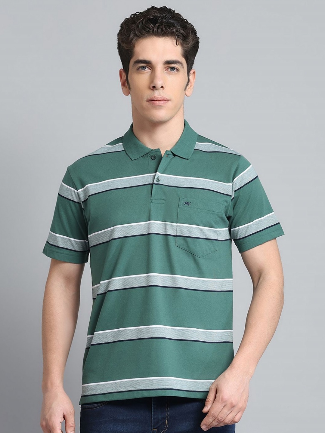 

Monte Carlo Men Striped Polo Collar Pockets T-shirt, Green