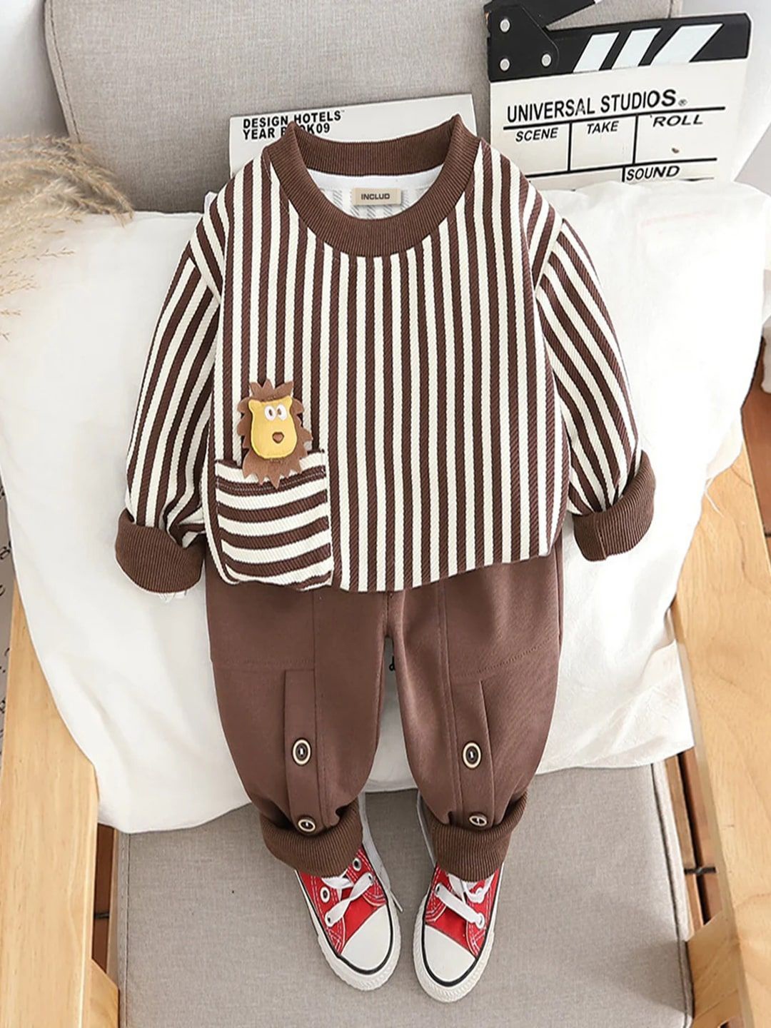 

BAESD Boys Striped Round Neck Pure Cotton Sweatshirt With Jogger, Brown