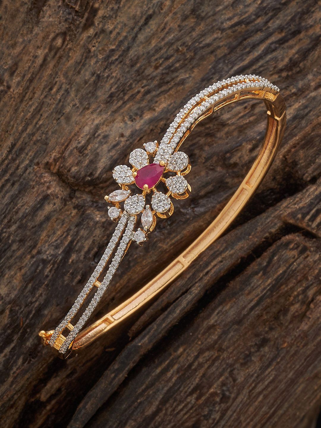 

Kushal's Fashion Jewellery Ruby Rhodium Gold-Plated Party Zircon Kada