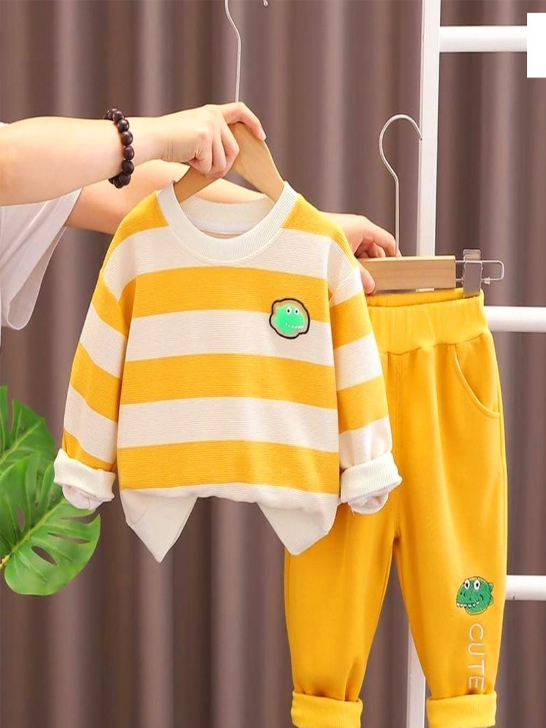 

BAESD Boys Striped Round Neck Pure Cotton Sweatshirt With Jogger, Yellow