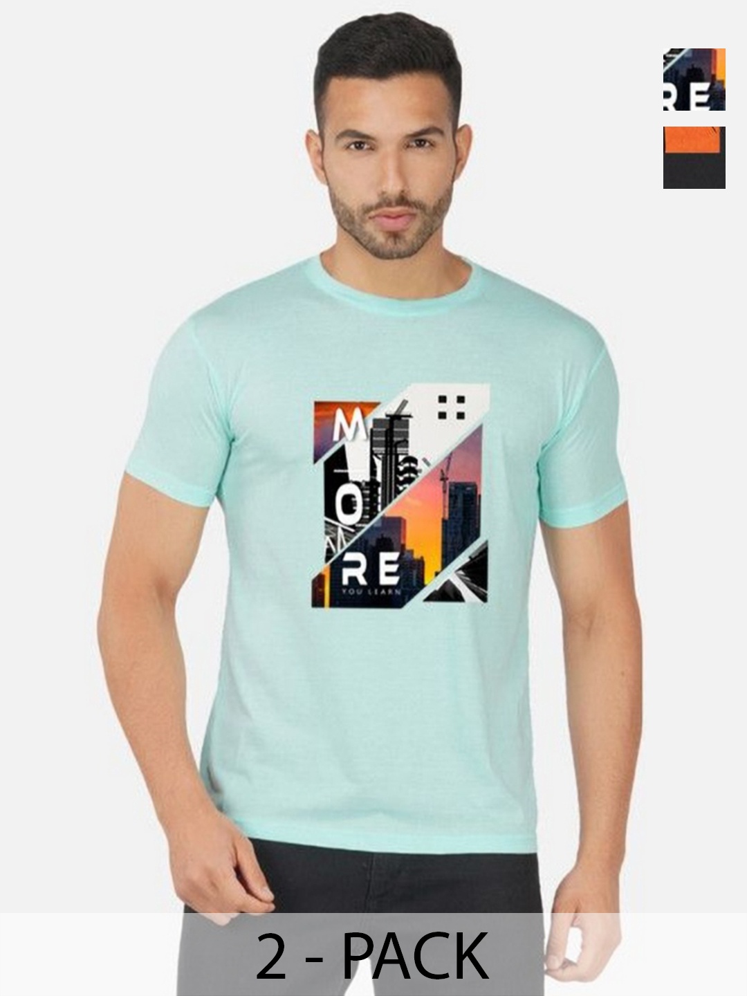 

GLOBAL NOMAD Men 2 Printed Bio Finish Applique T-shirt, Turquoise blue