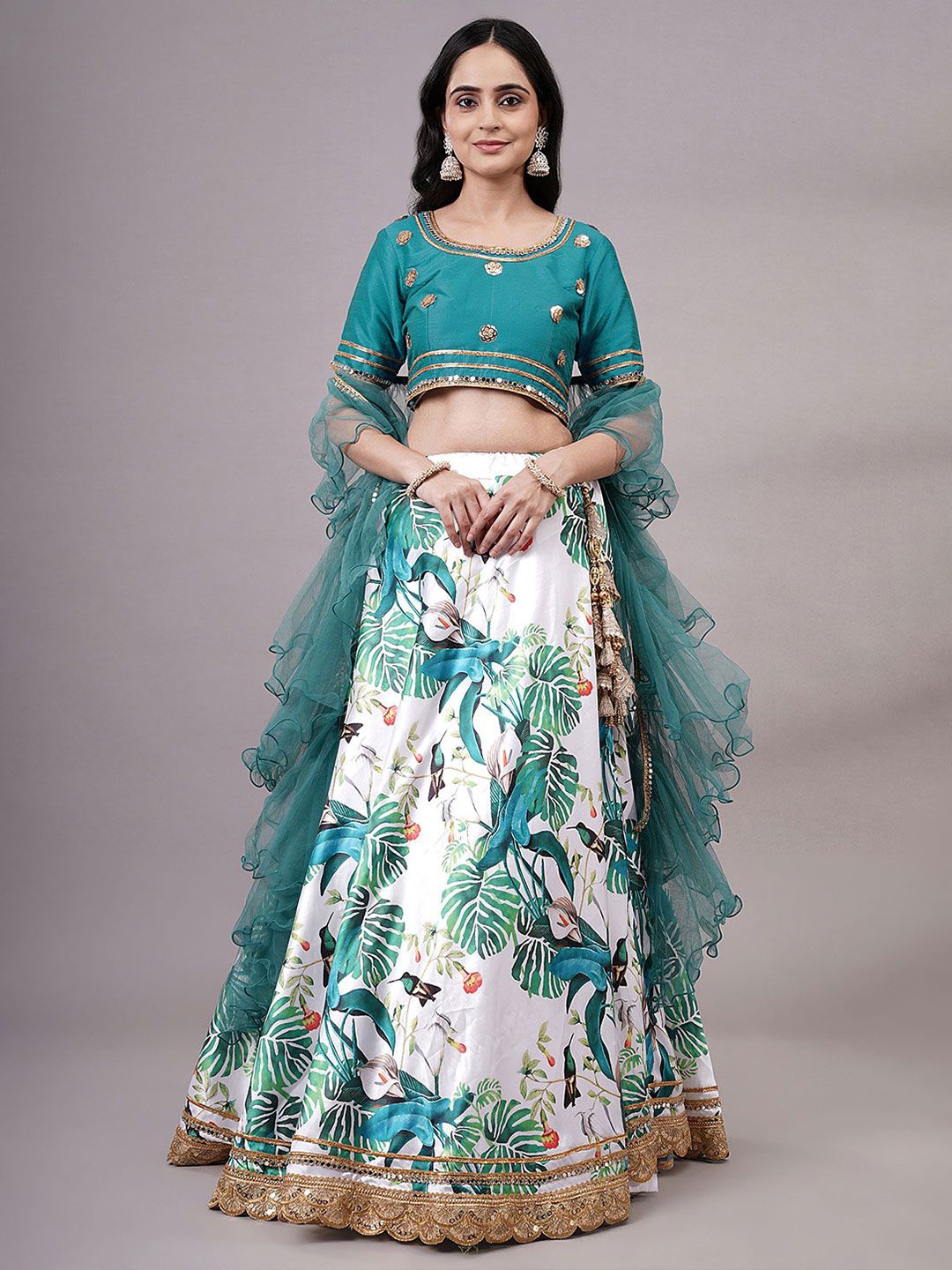 

Utsav Fashion Embroidered Mirror Work Shibori Ready to Wear Lehenga & Choli With Dupatta, White