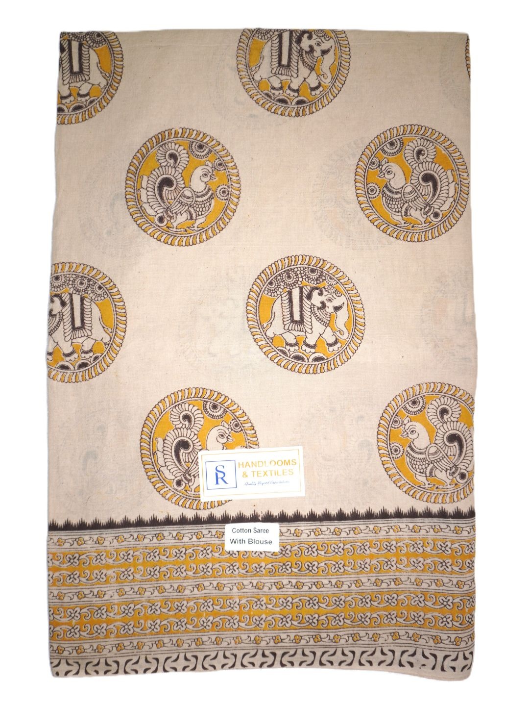 

SR HANDLOOMS AND TEXTILES Kalamkari Pure Cotton Saree, Beige