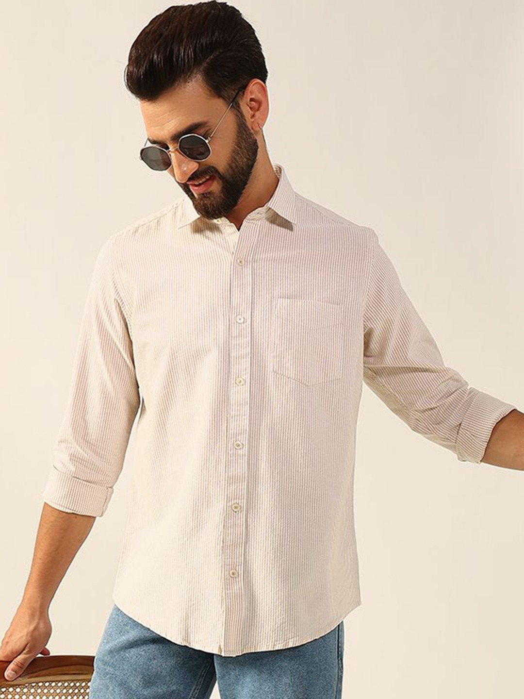 

ENSPYR Men Opaque Striped Casual Shirt, Beige