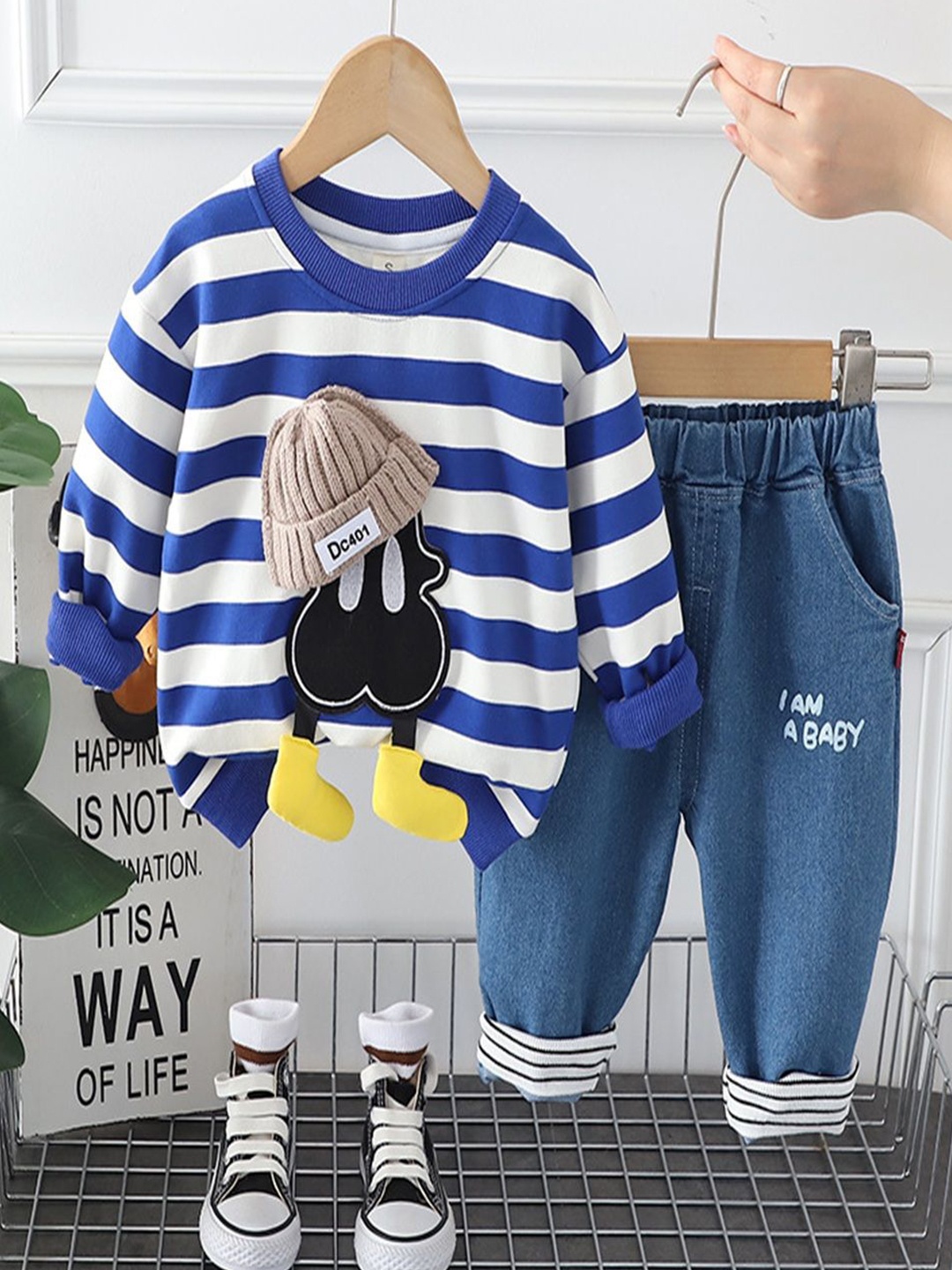 

BAESD Boys Striped Round Neck Pure Cotton Sweatshirt With Jogger, Blue