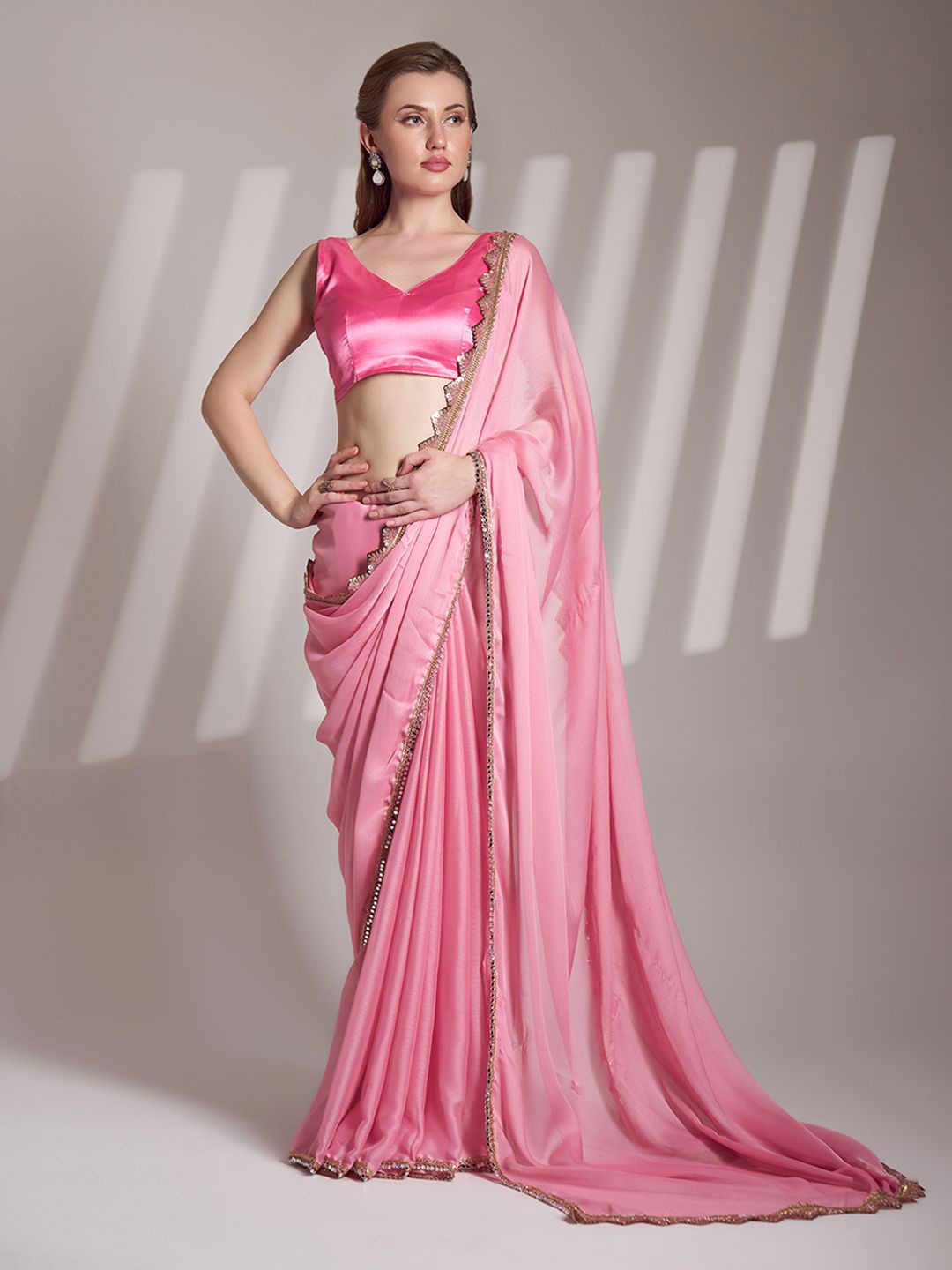 

modeva Embellished Sequinned Pure Chiffon Ready to Wear Saree, Pink