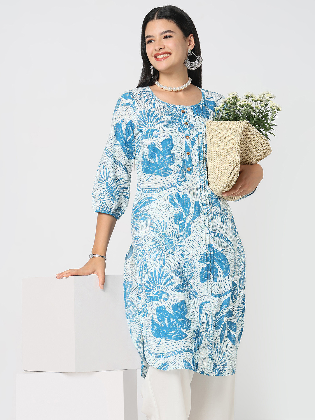 

R&B Women Ethnic Motifs Printed Mirror Work Kurta, Blue