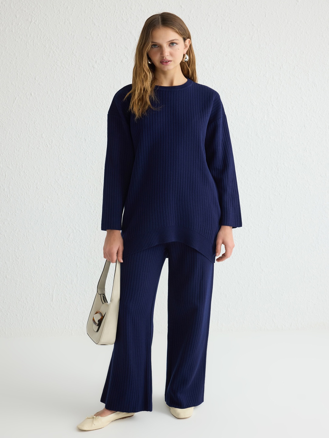 

Trendyol Acrylic Round-Neck Top With Trousers Co-Ords, Navy blue