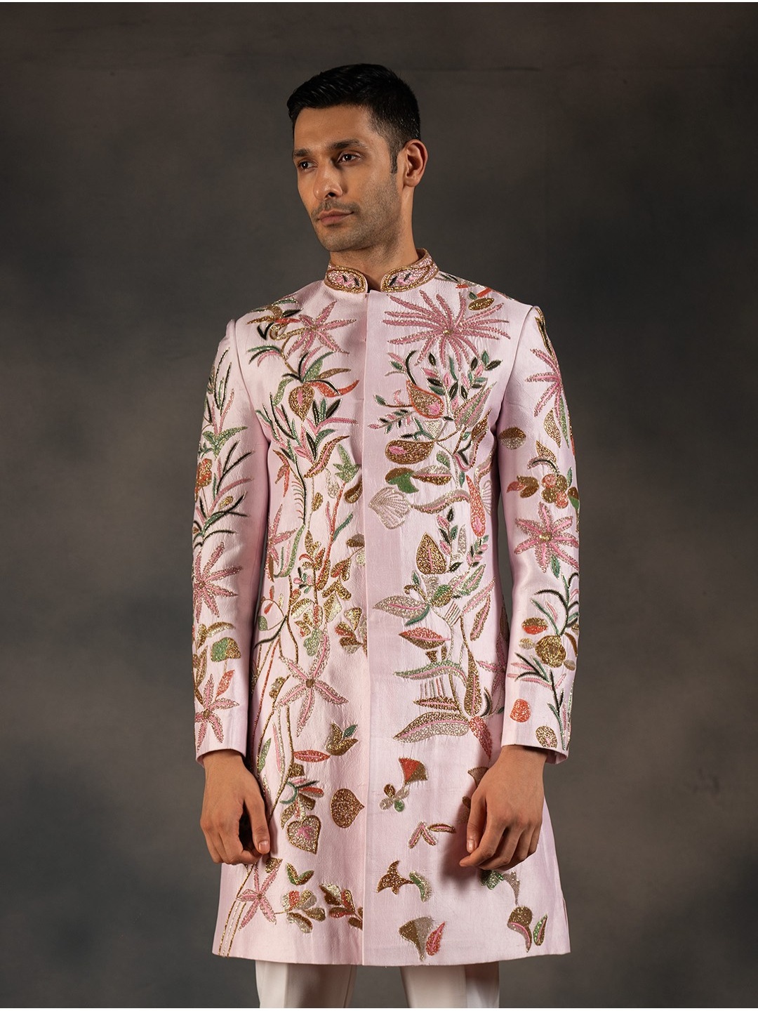 

HILO DESIGN Embroidered Pure Silk Haven Sherwani Set, Pink
