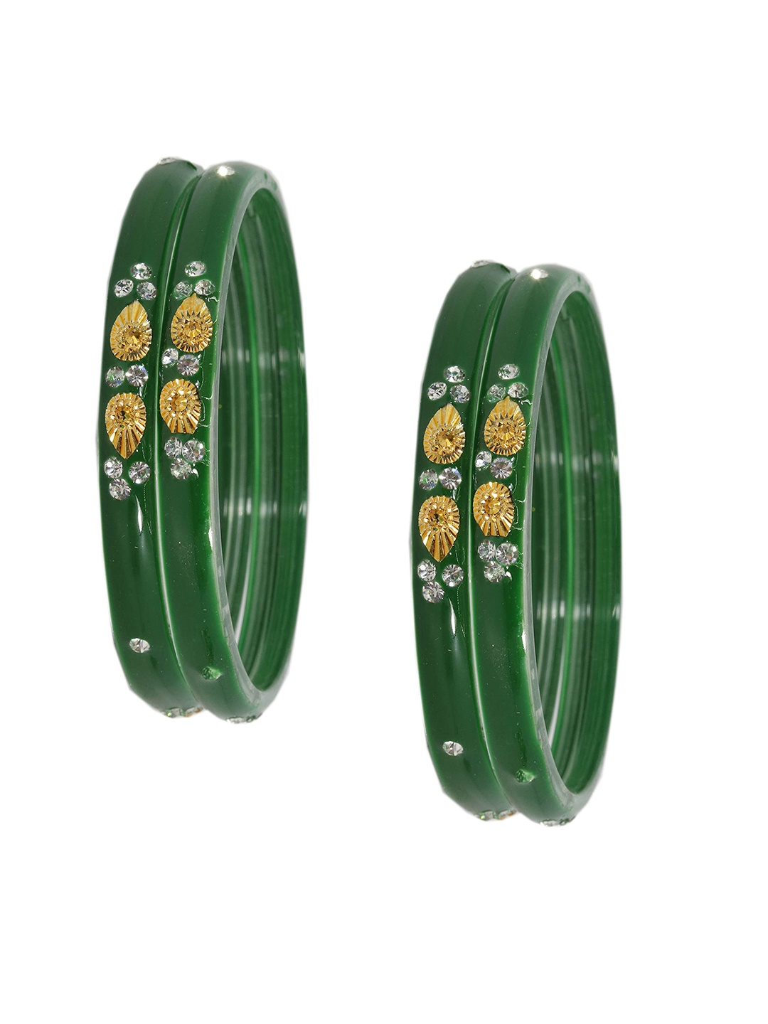

ZULKA Set Of 4 Zircon Gemstone Studded And Beaded Glossy Finish Bangles, Green