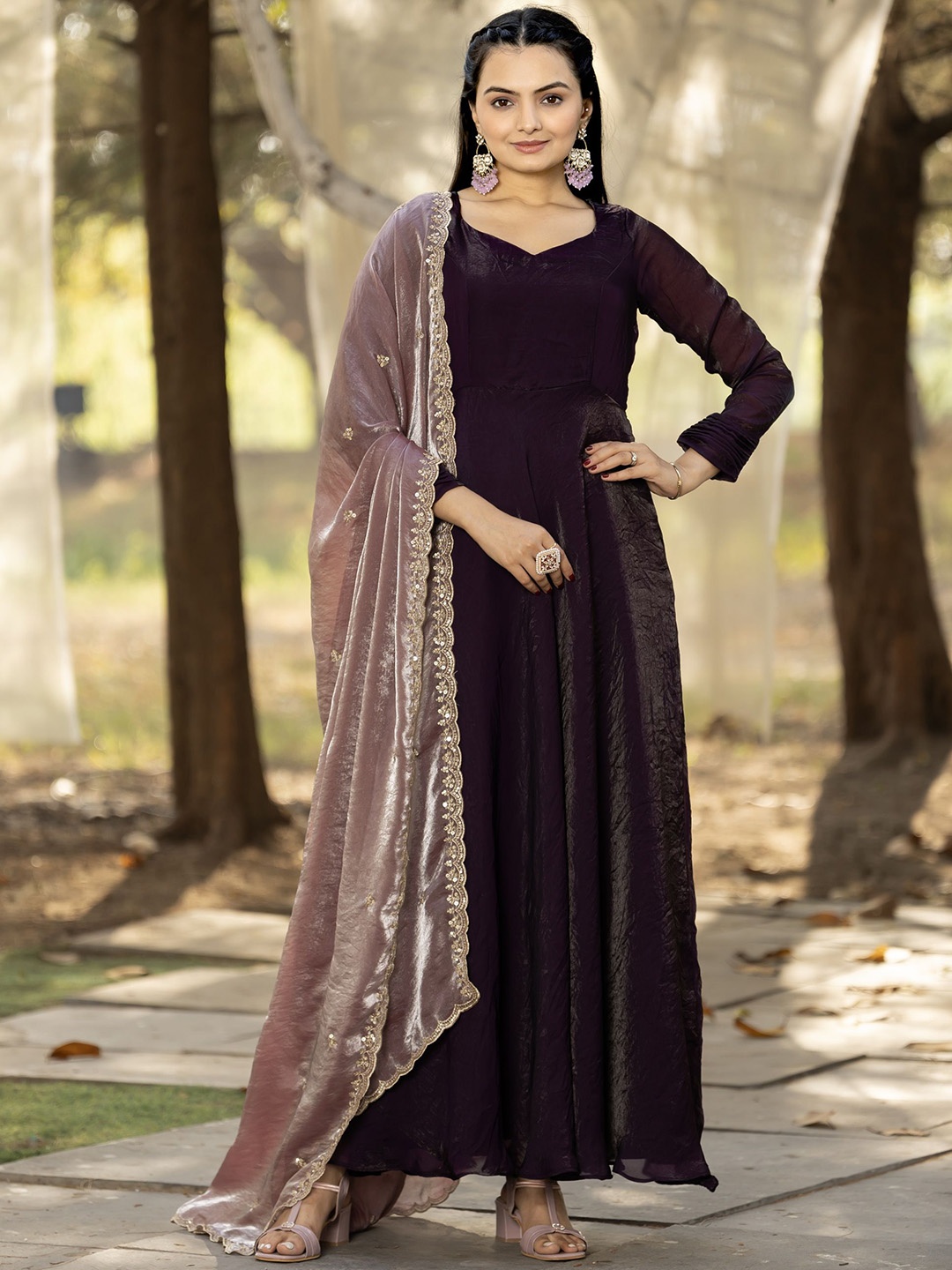 

Tasarika Full Sleeves Georgette Ethnic Dress With Dupatta, Purple