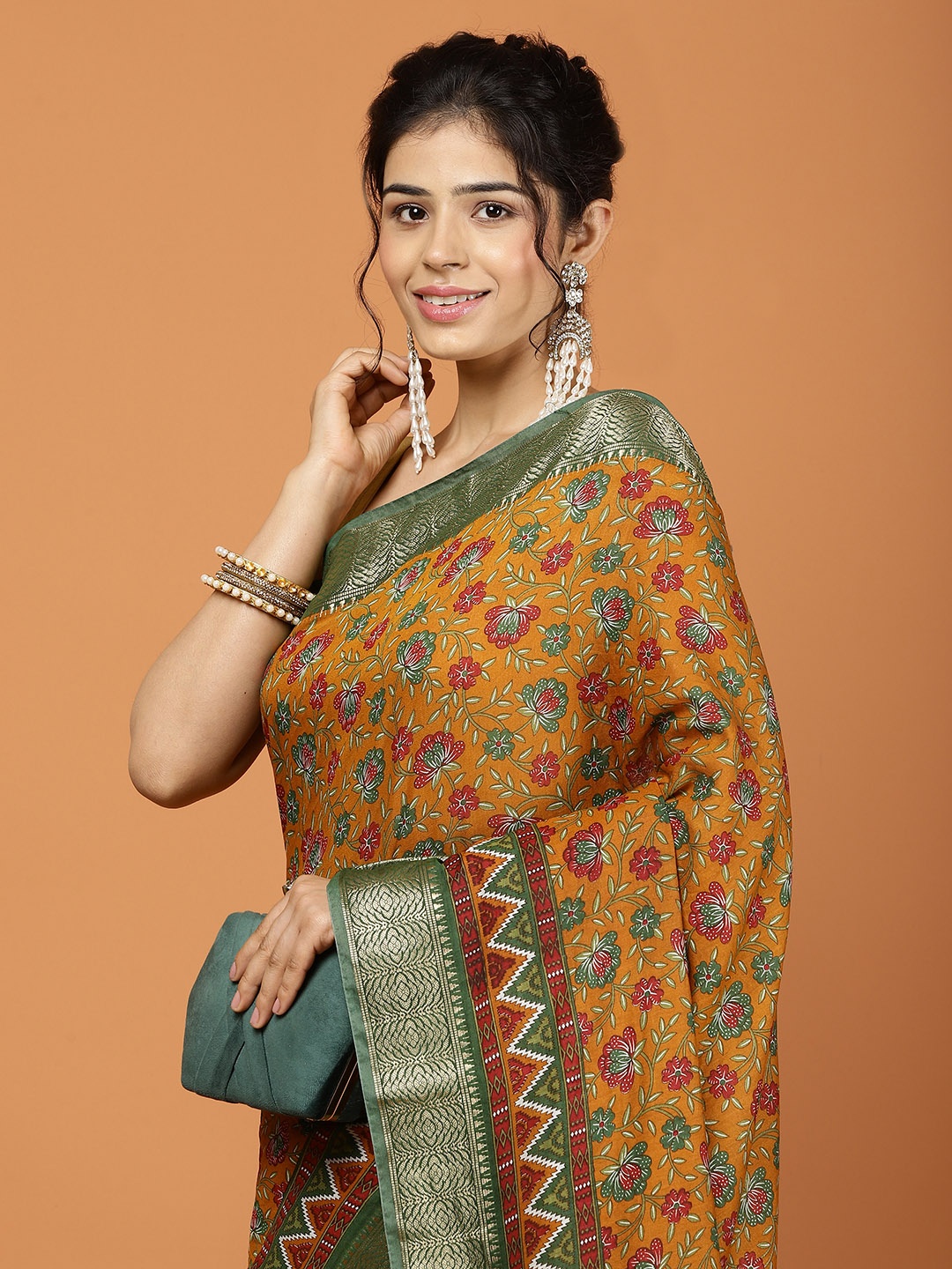 

Meena Bazaar Floral Zari Saree, Mustard