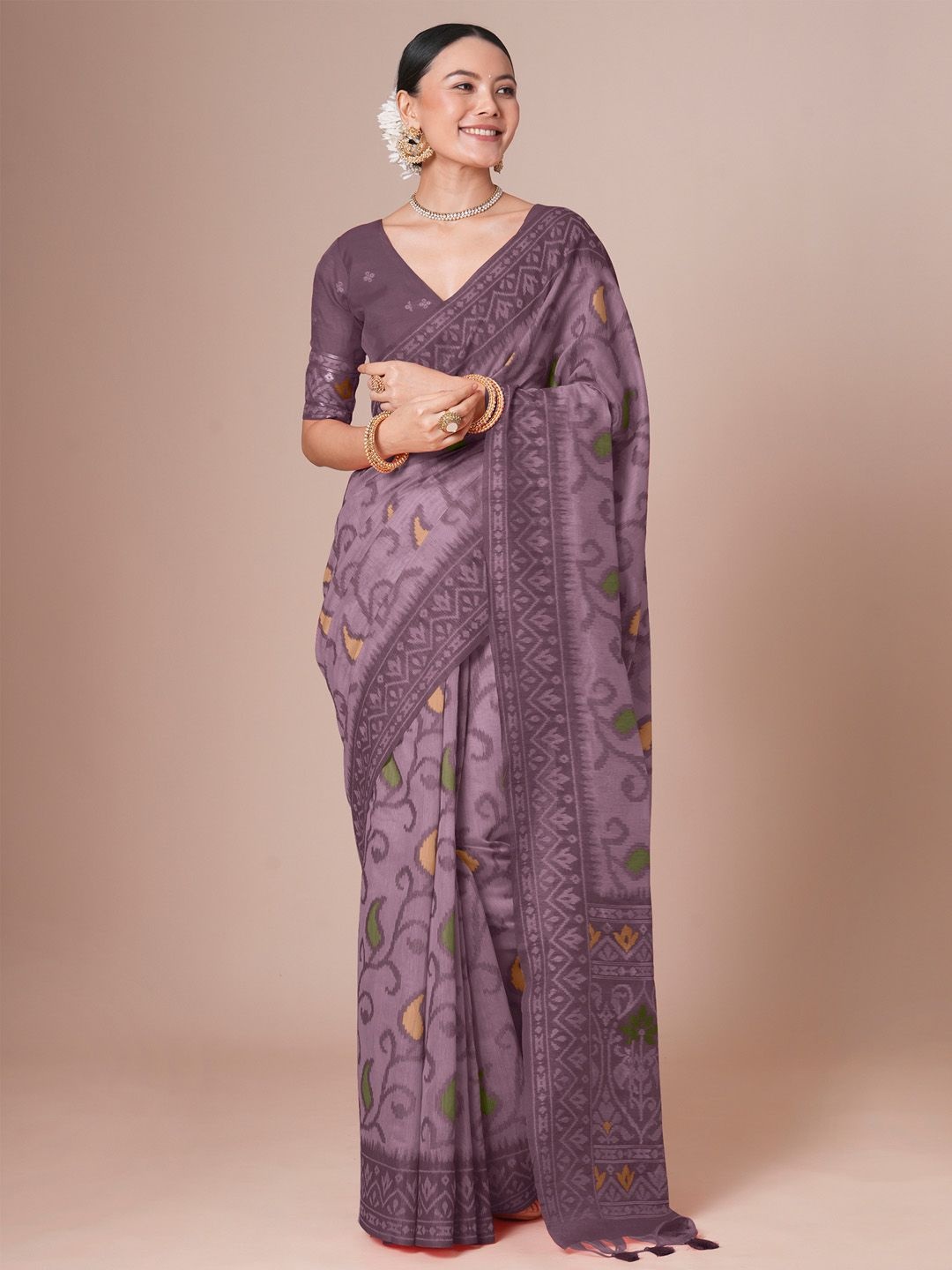 

House of Pataudi Ikat Woven Design Saree With Blouse, Mauve