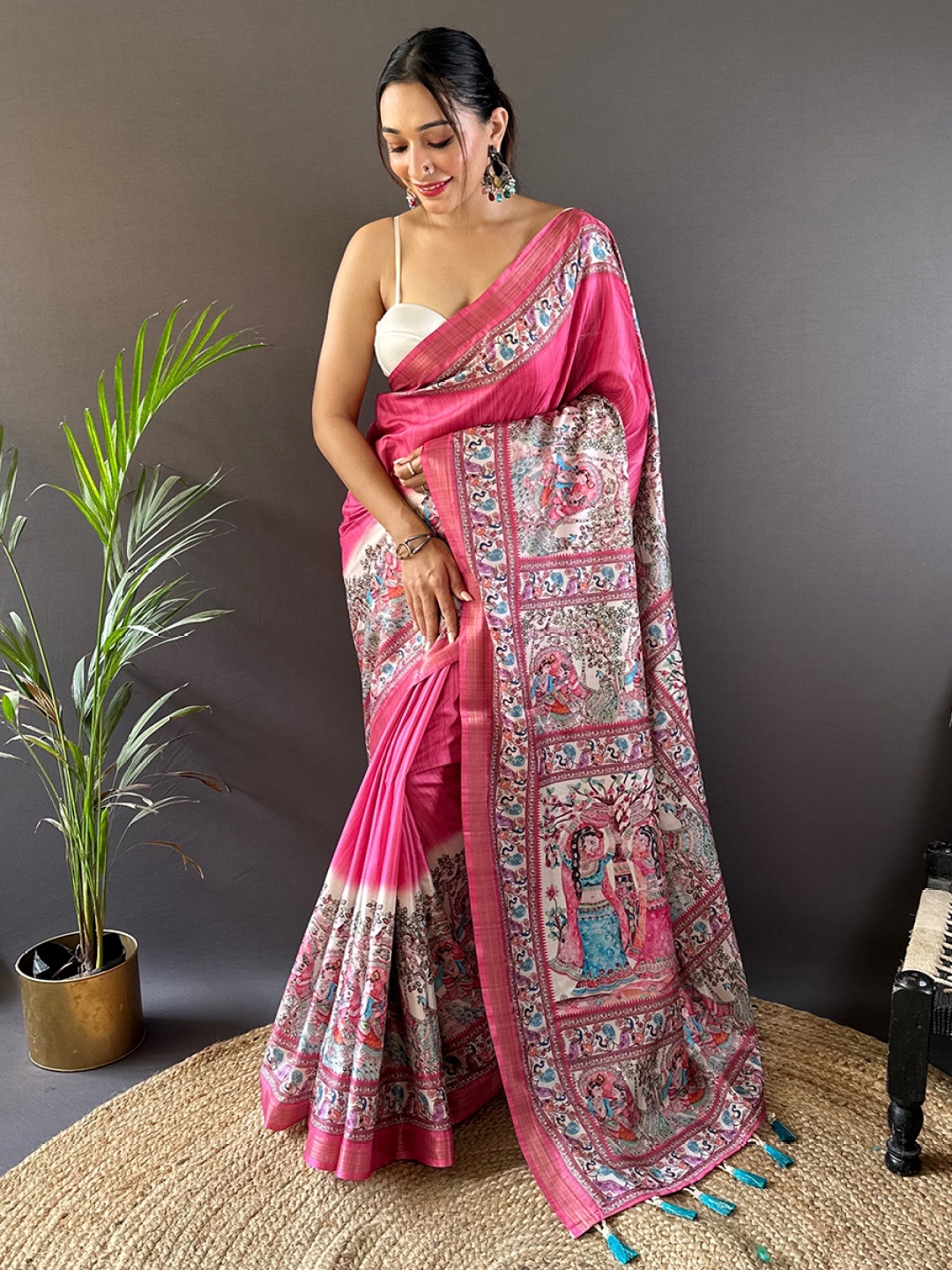 

all about you Kalamkari Zari Silk Blend Tussar Saree, Pink