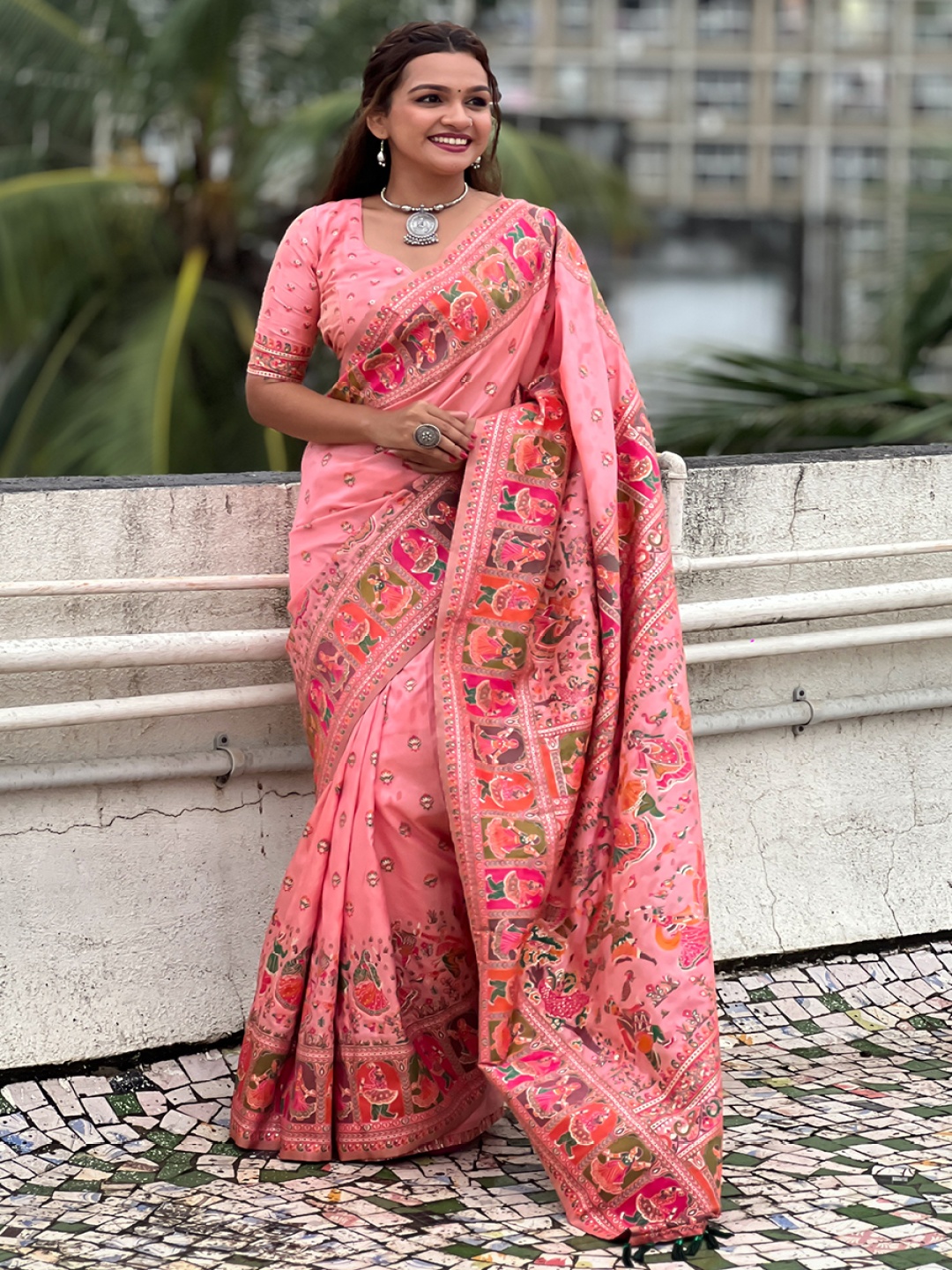 

all about you Woven Design Silk Blend Saree, Pink