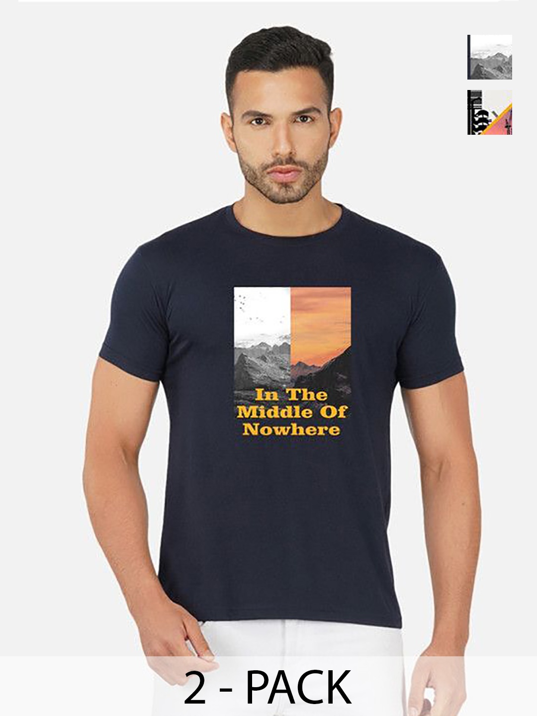 

GLOBAL NOMAD Men 2 Printed Bio Finish Applique T-shirt, Navy blue