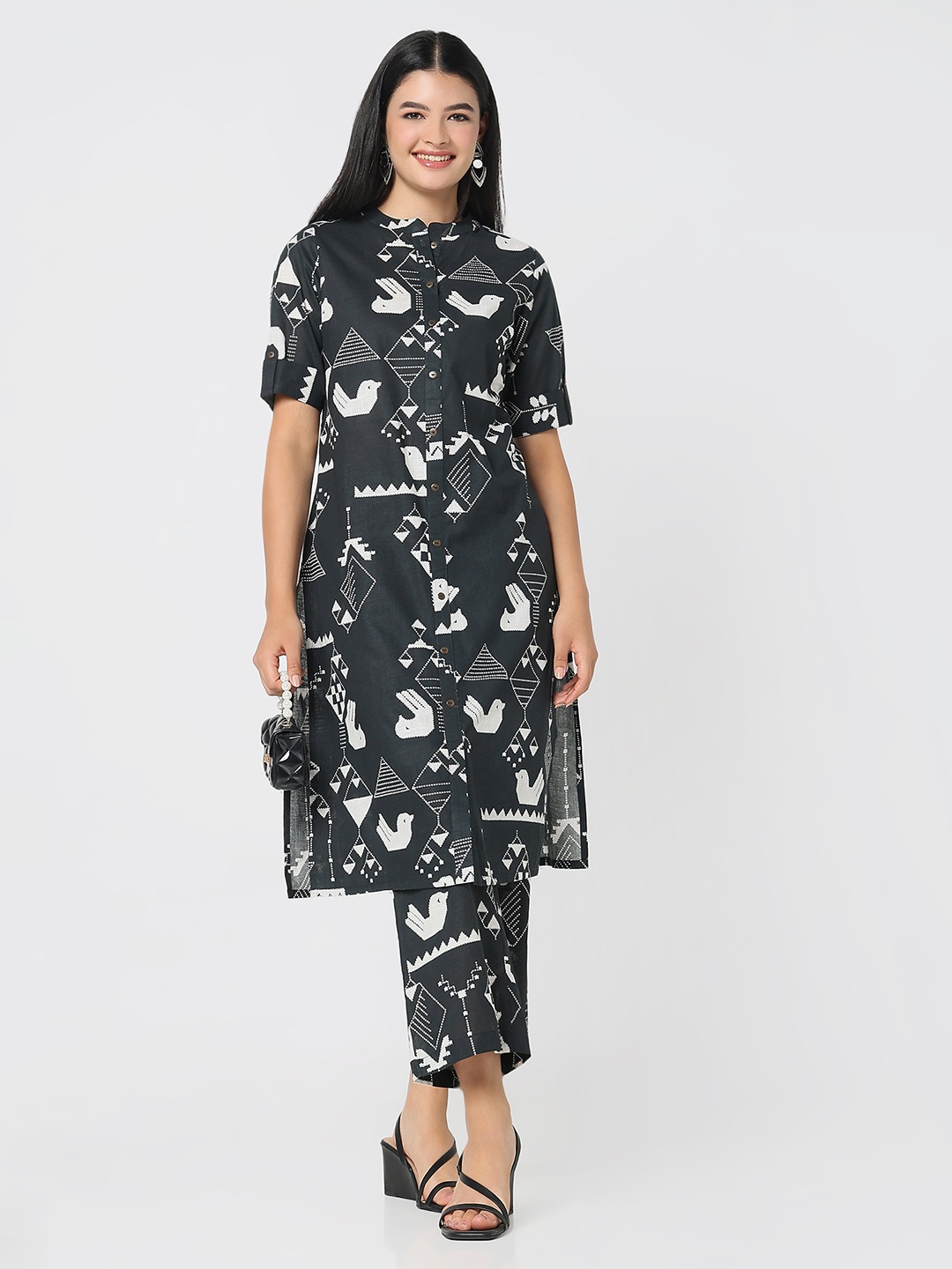 

R&B Women Ethnic Motifs Printed Flared Sleeves Sequinned Kurta, Black