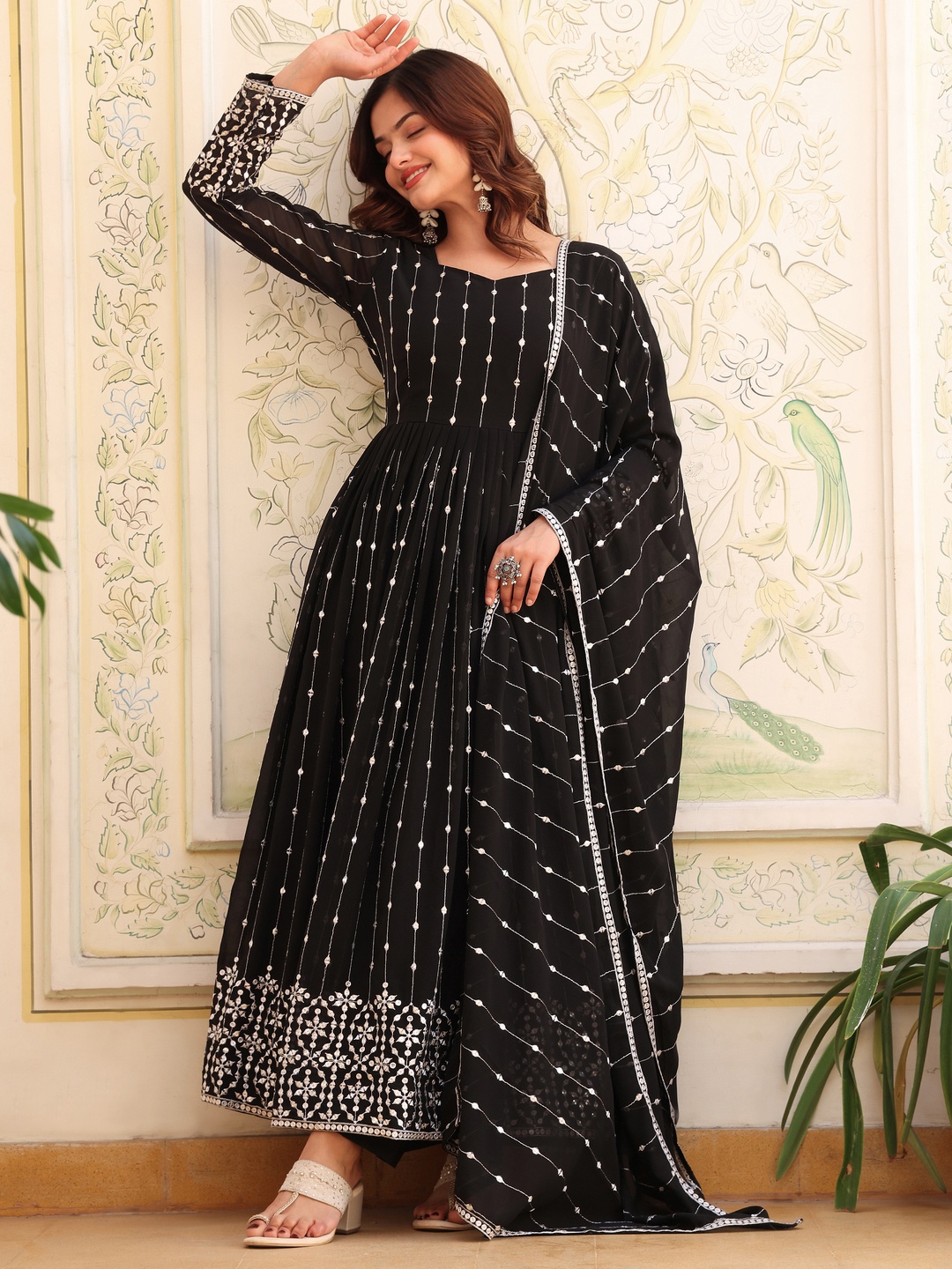 

KALINI Women Embroidered Regular Thread Work Kurta with Palazzos & With Dupatta, Black