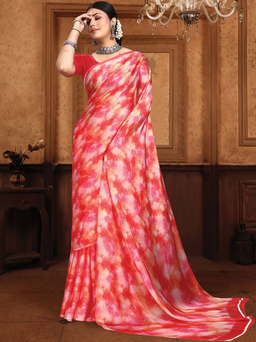 

LeeliPeeri Designer Floral Satin Saree, Red